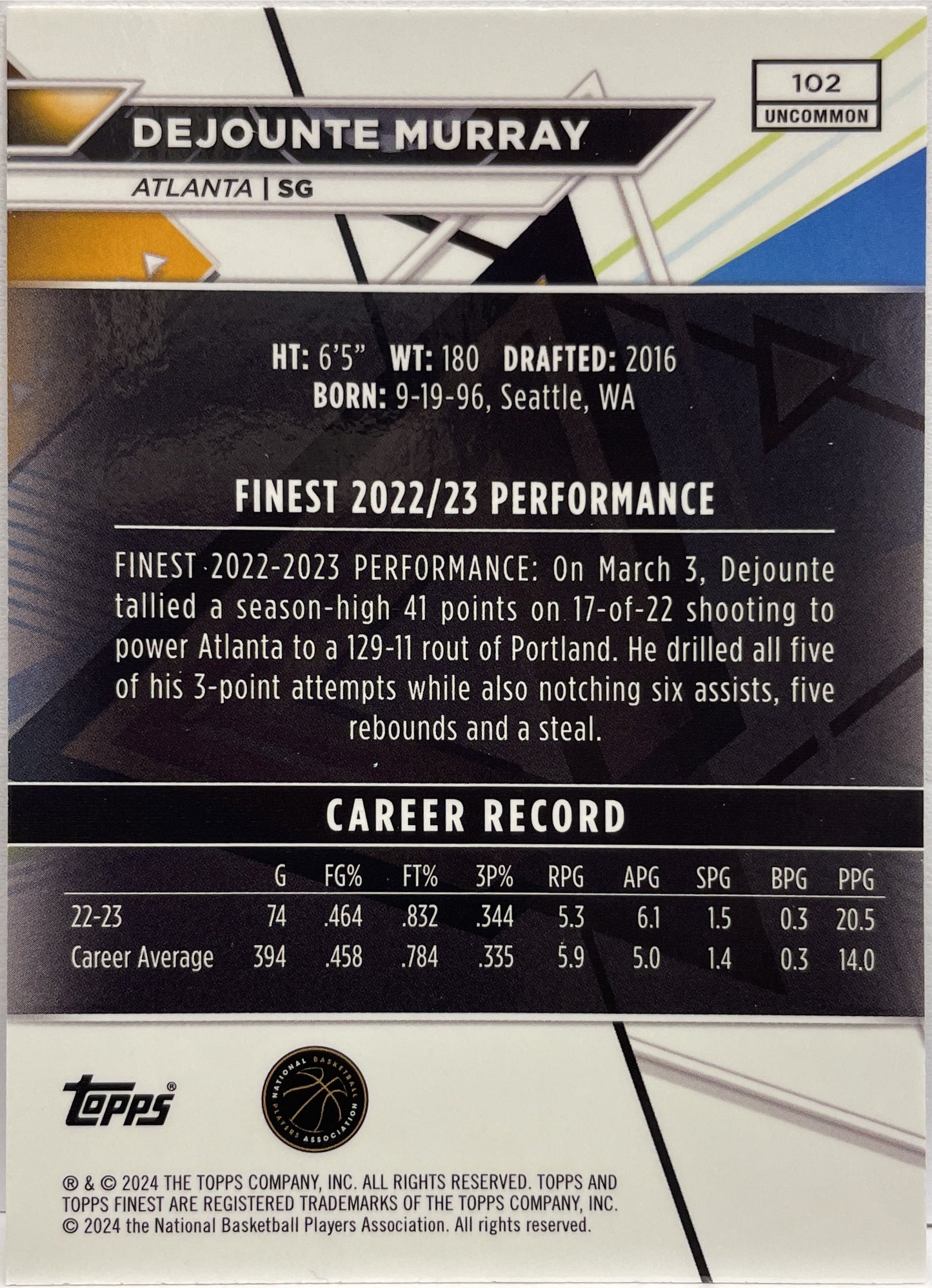 Dejounte Murray 74/99 Purple Topps Finest NBA Basketball 2023/24