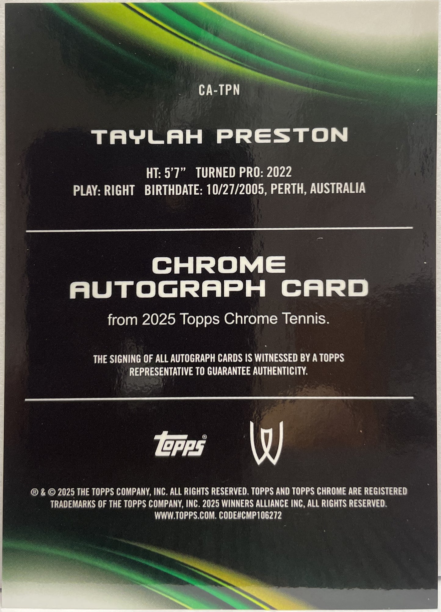 Taylah Preston Autograph Geometric Topps Chrome Tennis 2025