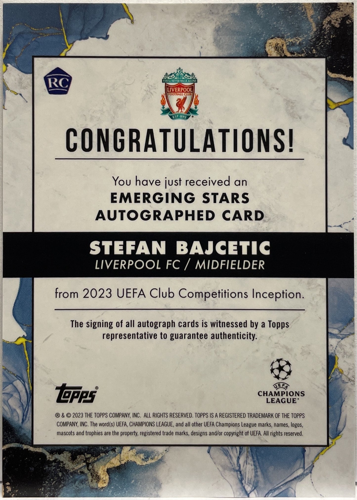 Stefan Bajcetic 17/99 Rookie Autograph Emerging Stars Green Topps Inception 2022/23