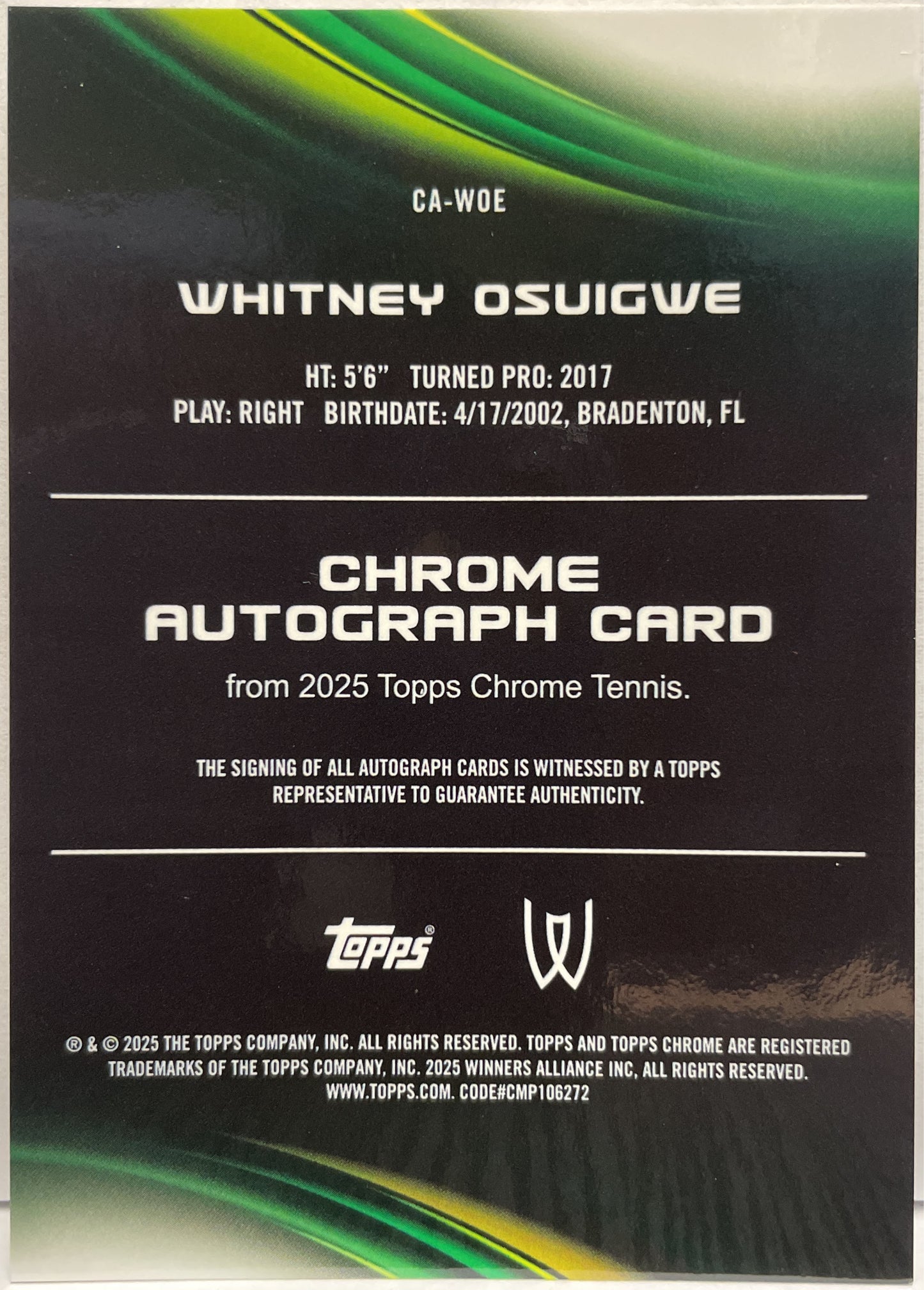 Whitney Osuigwe Autograph Geometric Topps Chrome Tennis 2025