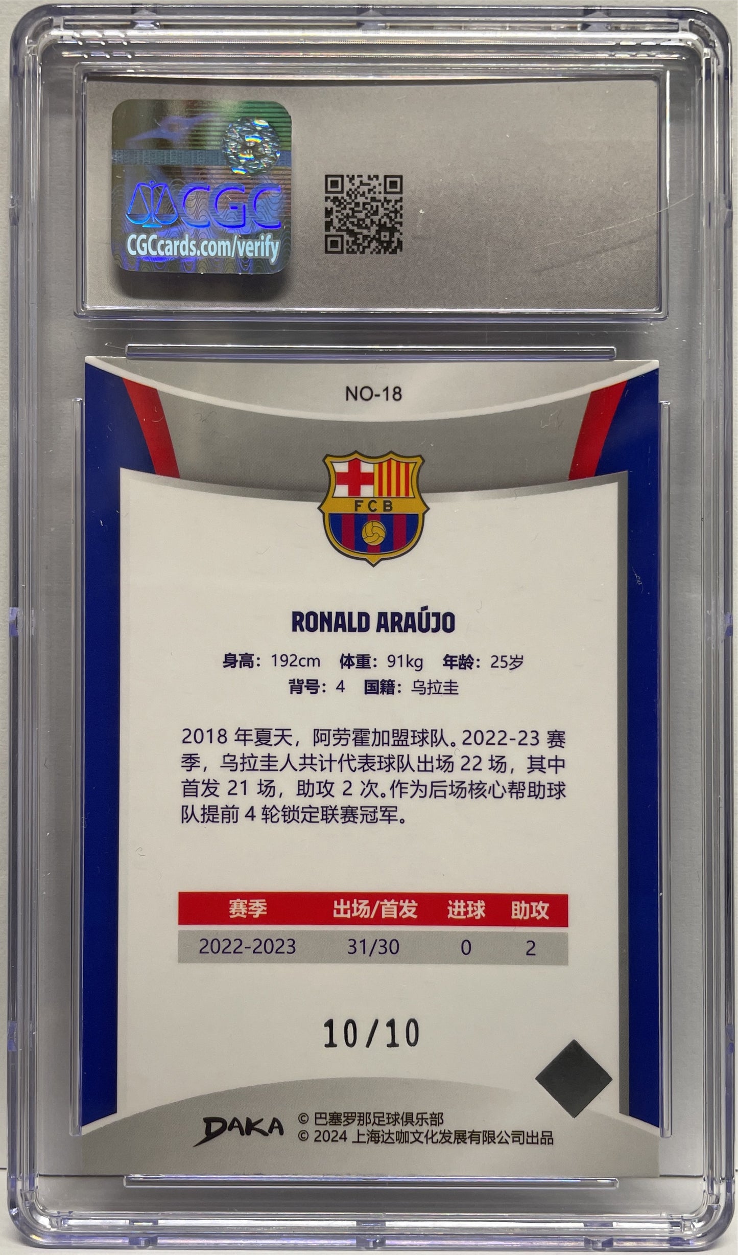 CGC 8.5 - Ronald Araujo 10/10 Holocene Gold Refractive - Daka Barcelona One & Two 2023/24