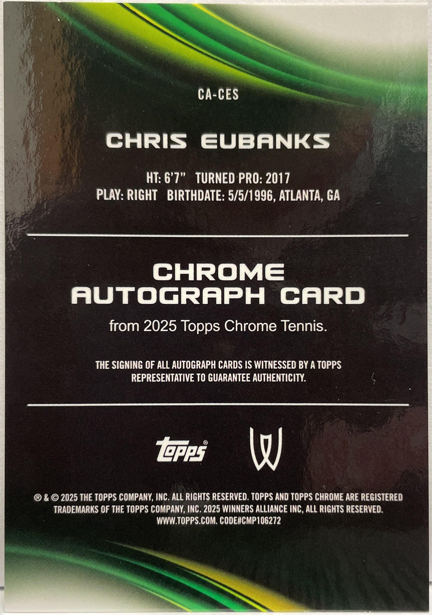 Chris Eubanks 1/10 Autograph Purple Geometric Topps Chrome Tennis 2025