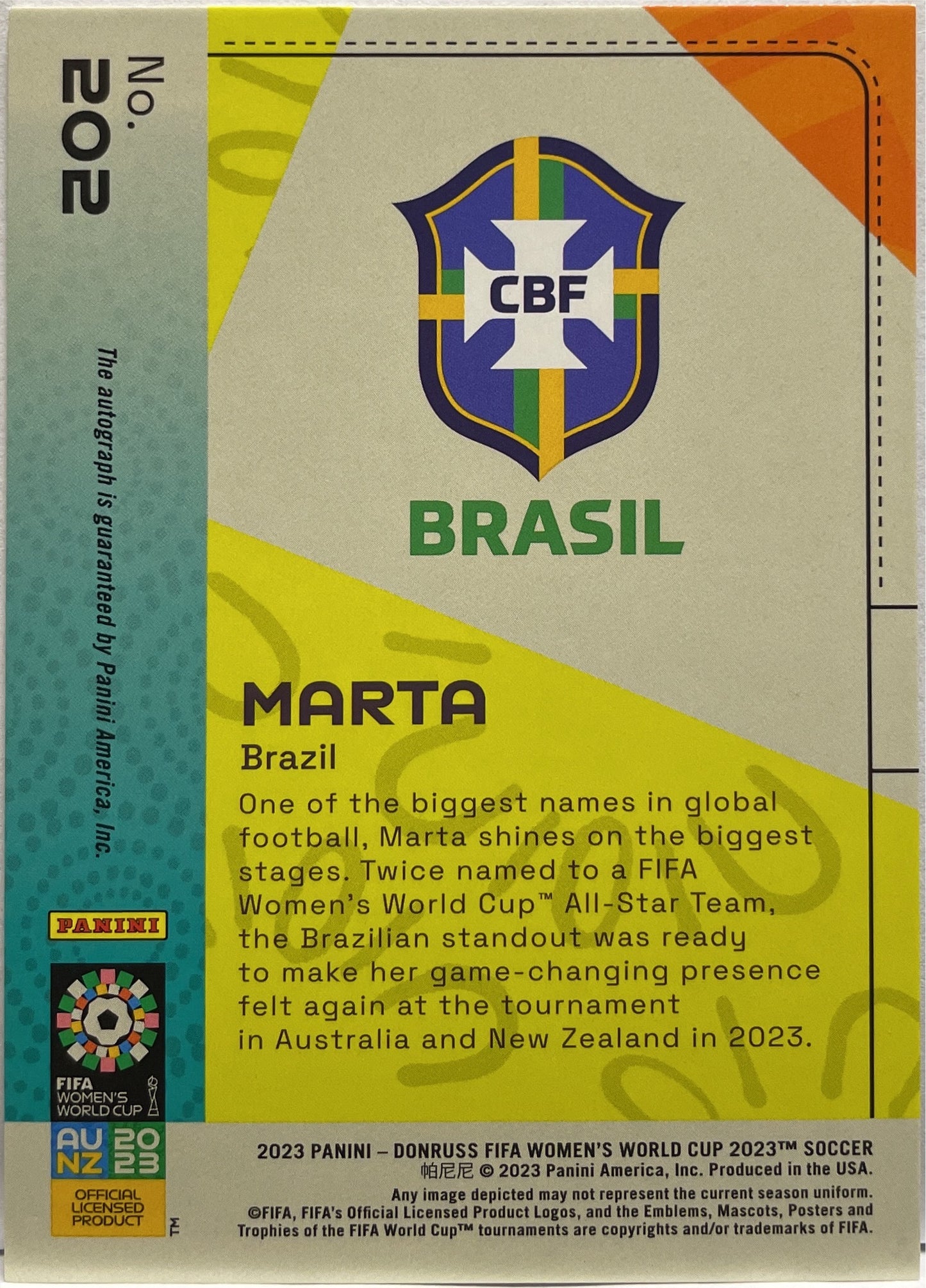 Marta Autograph Panini Donruss Women's World Cup 2023