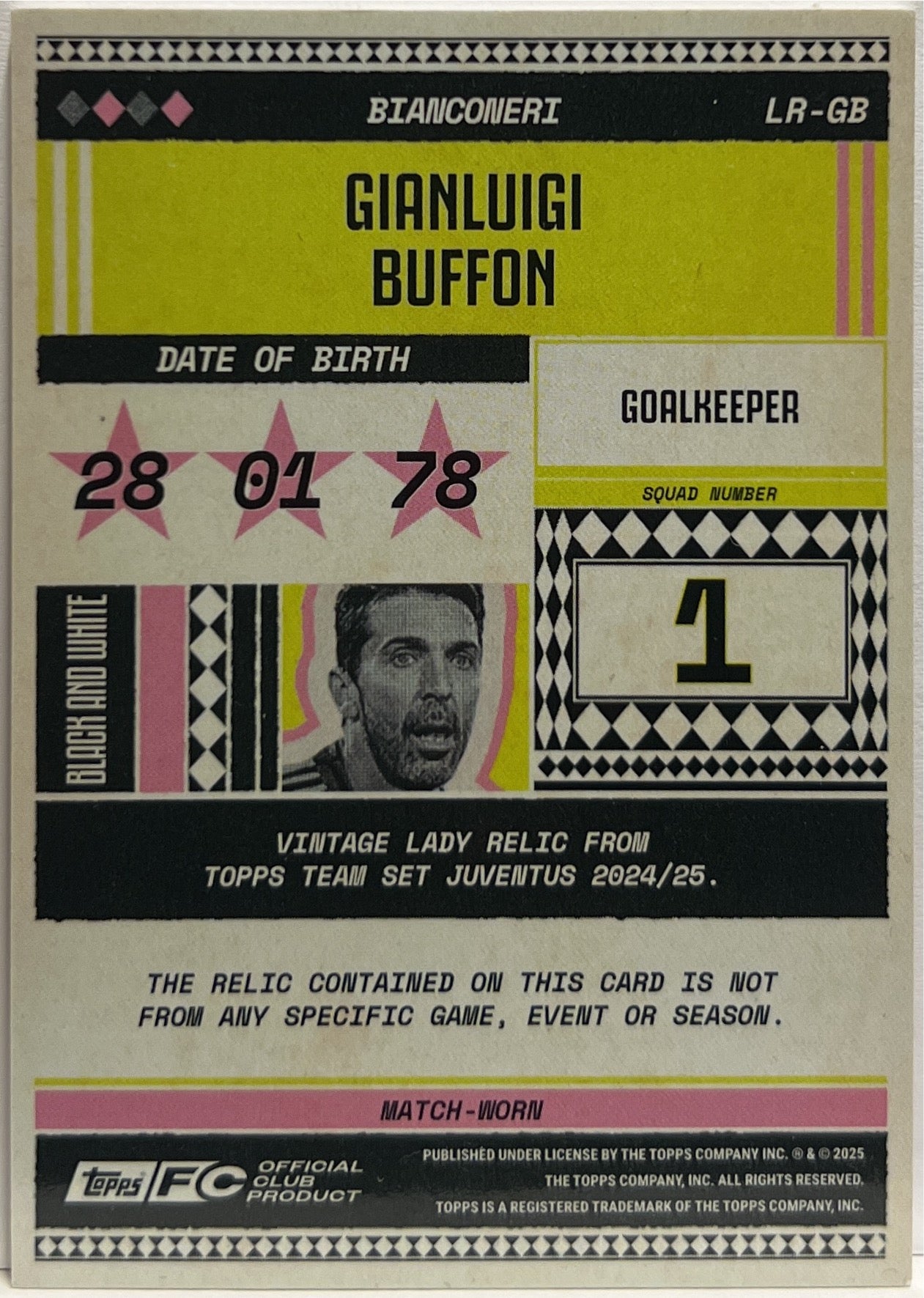 Gianluigi Buffon Patch Vintage Lady Relic Topps Juventus Premium Team Set 2024/25