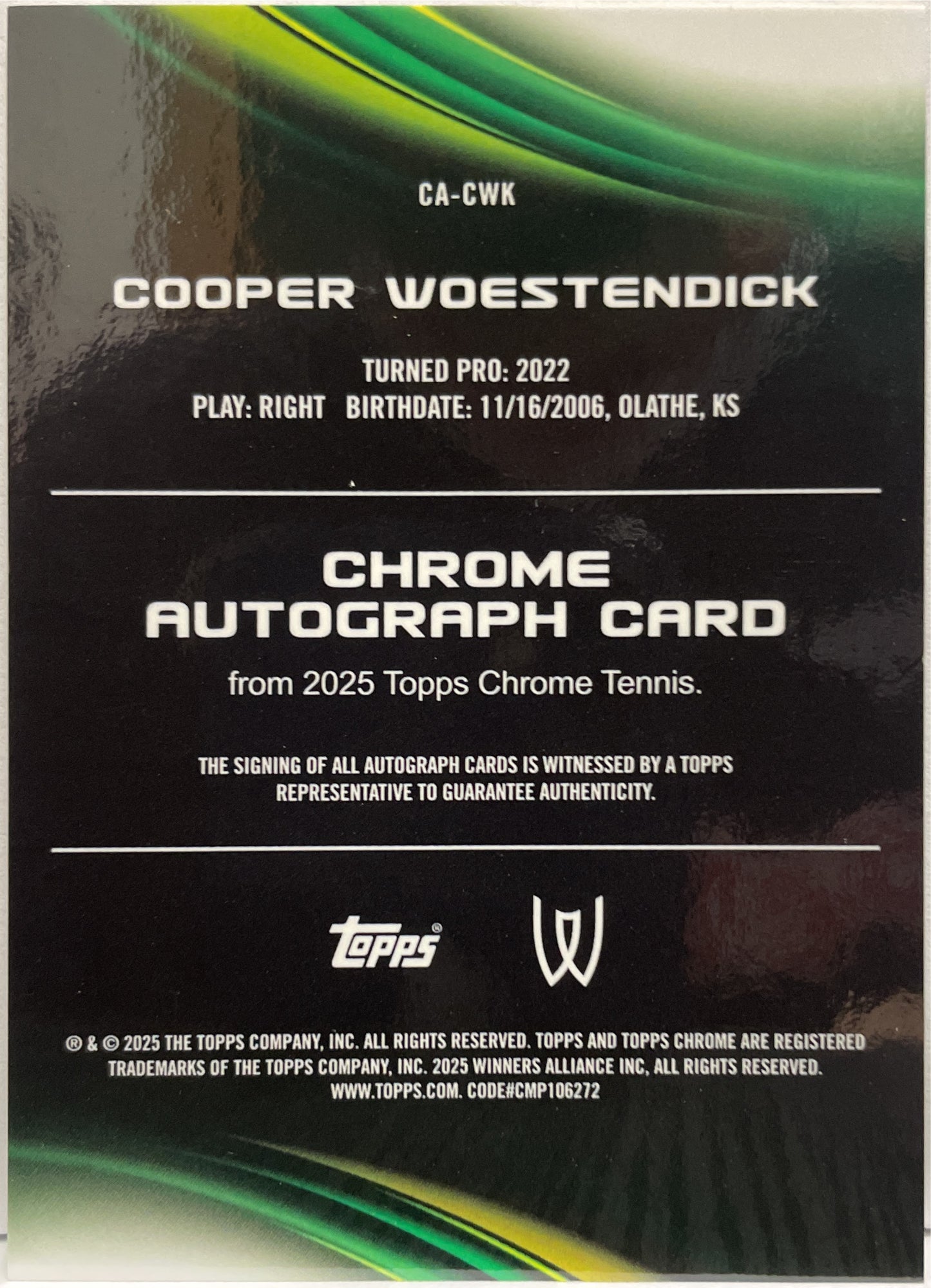 Cooper Woestendick 49/50 Rookie Autograph Gold Geometric Topps Chrome Tennis 2025