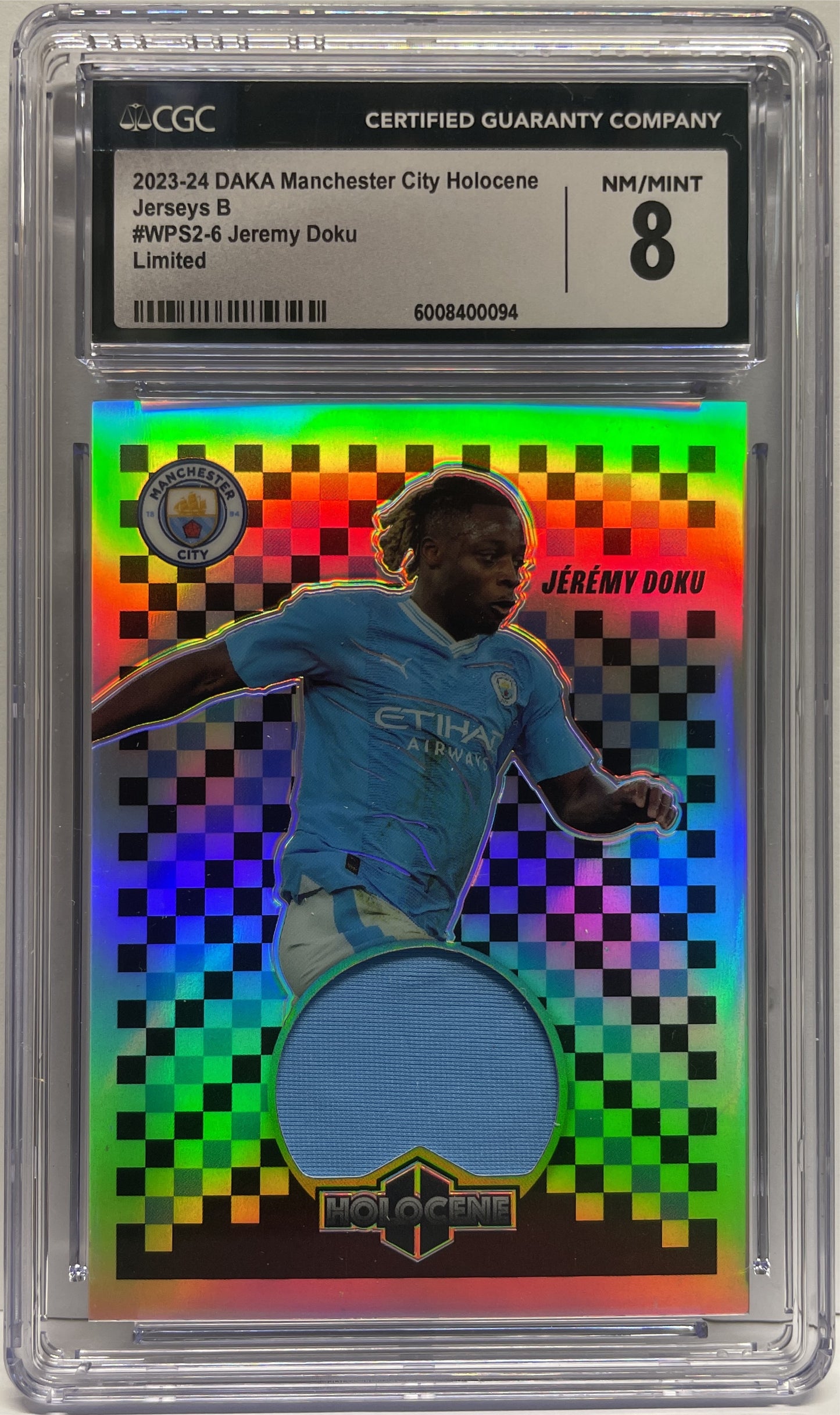 CGC 8 - Jeremy Doku 8/50 Patch Jersey Limited - Daka Manchester City Holocene 2023/24