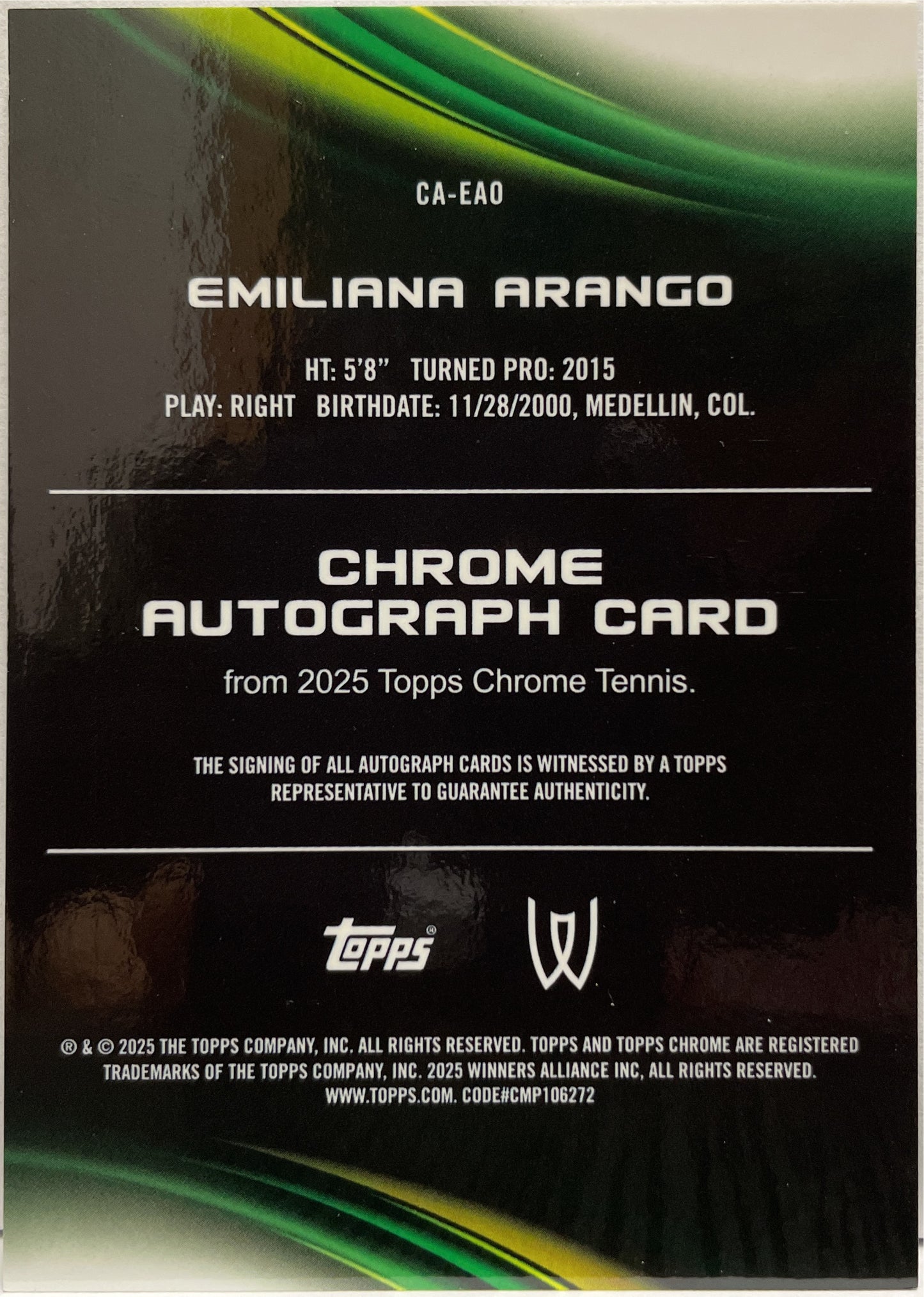 Emiliana Arango 60/99 Autograph Green Topps Chrome Tennis 2025