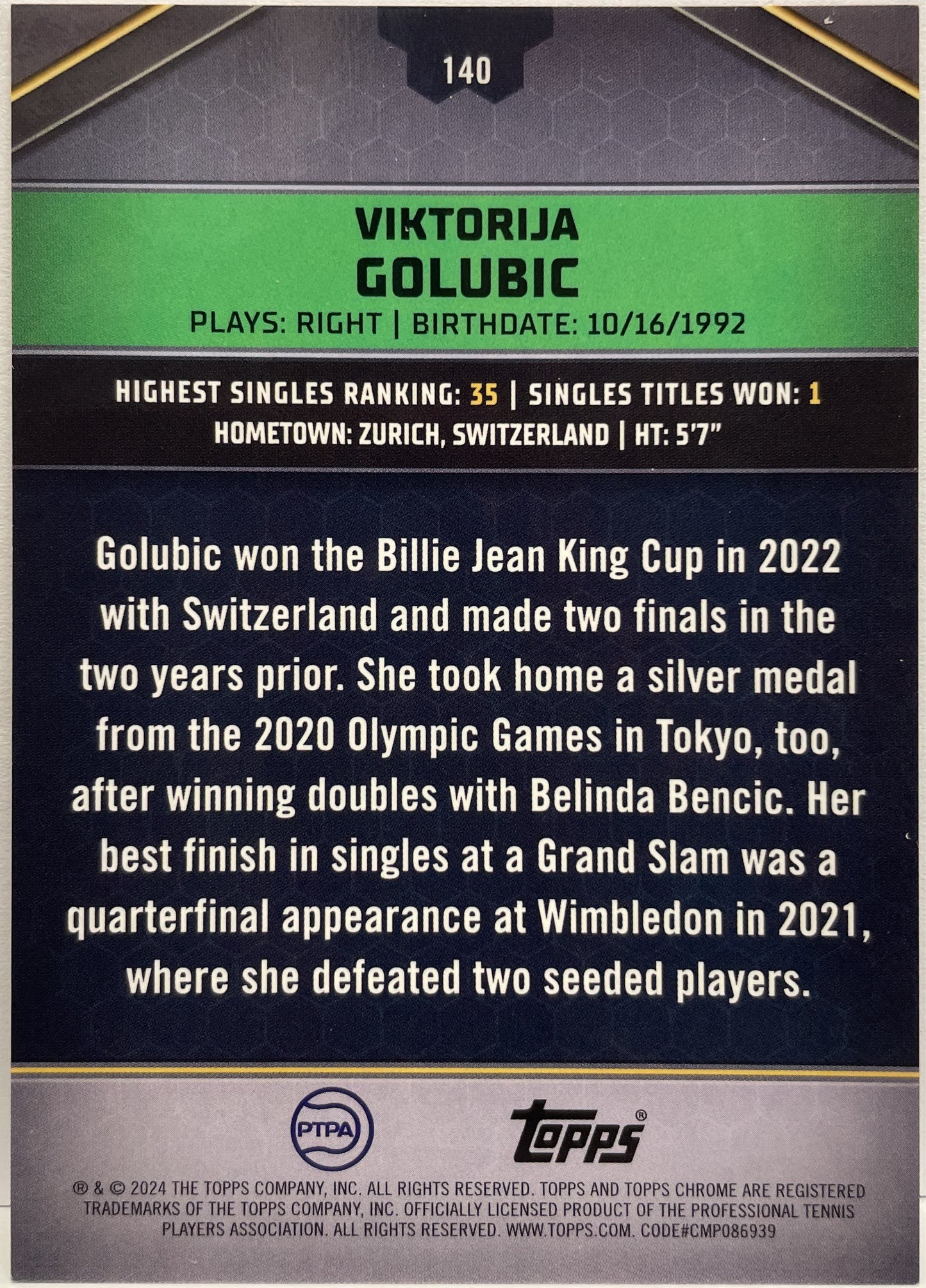 Viktorija Golubic 7/15 Pink Topps Tennis Graphite 2024