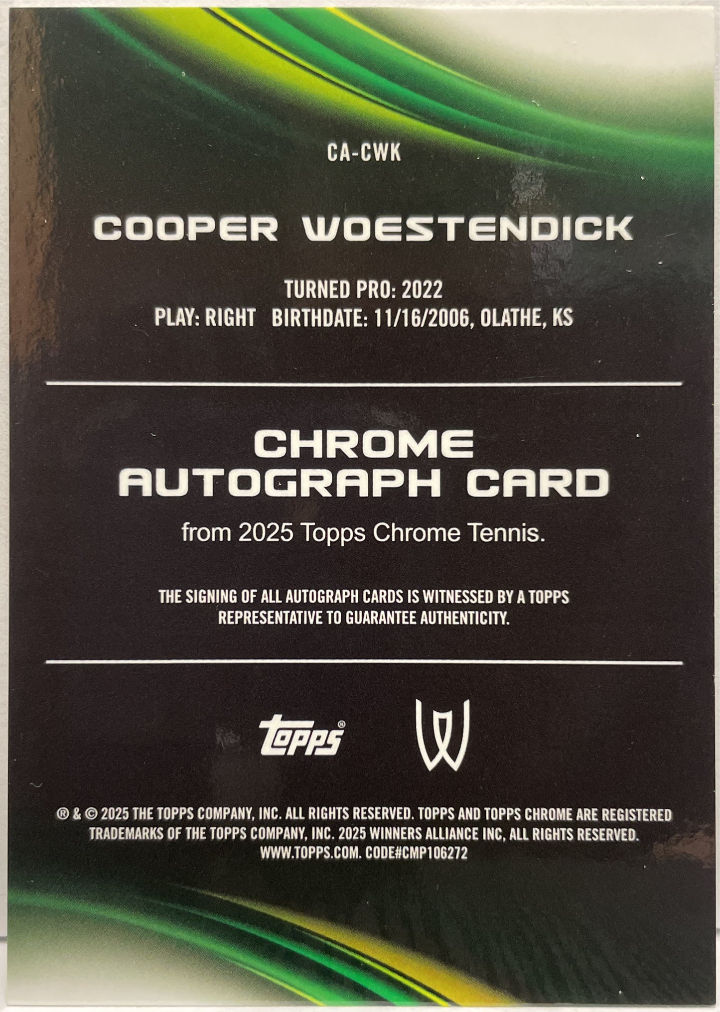 Cooper Woestendick Rookie Autograph Topps Chrome Tennis 2025