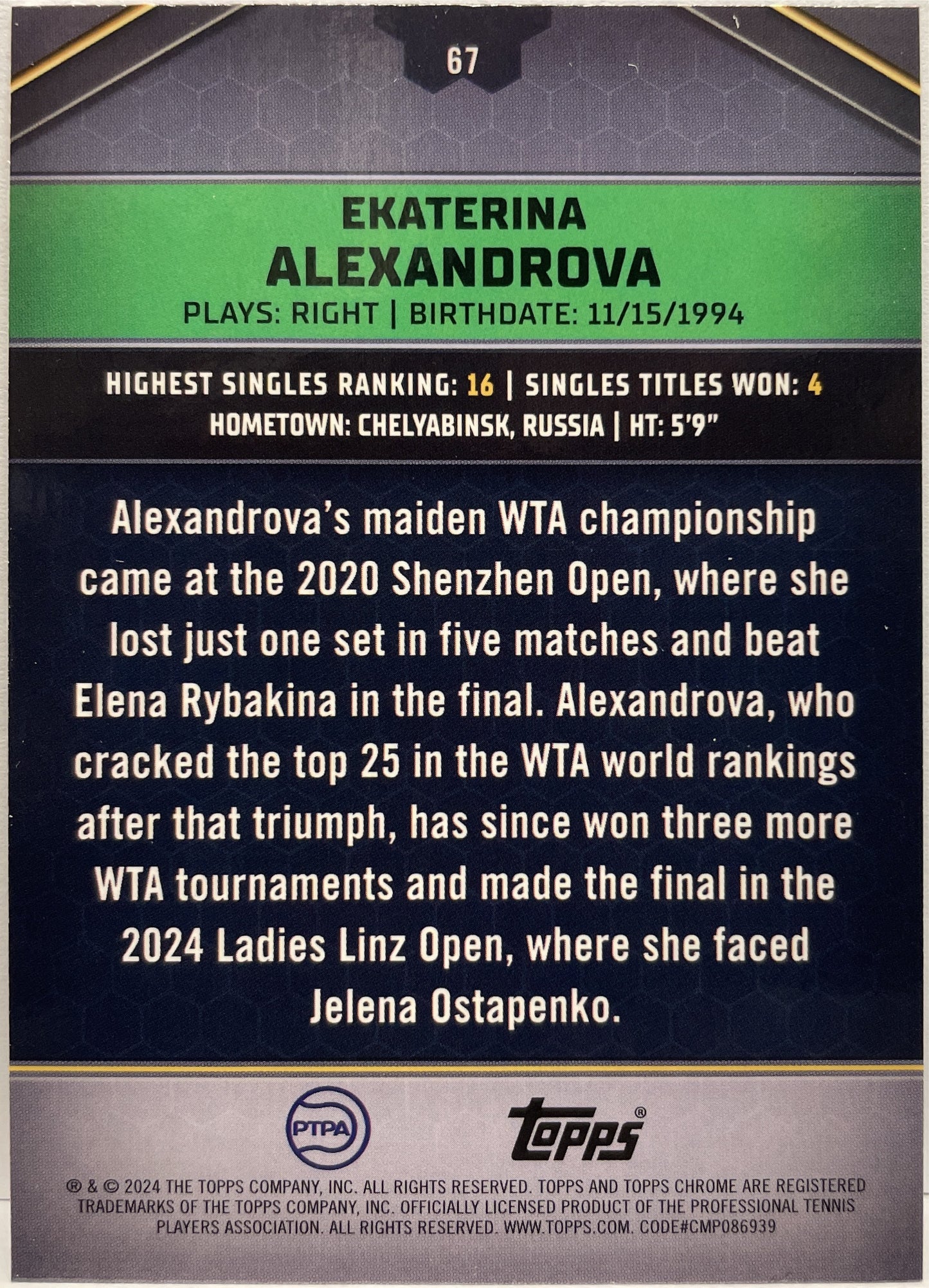 Ekaterina Alexandrova 127/199 Aqua Topps Tennis Graphite 2024