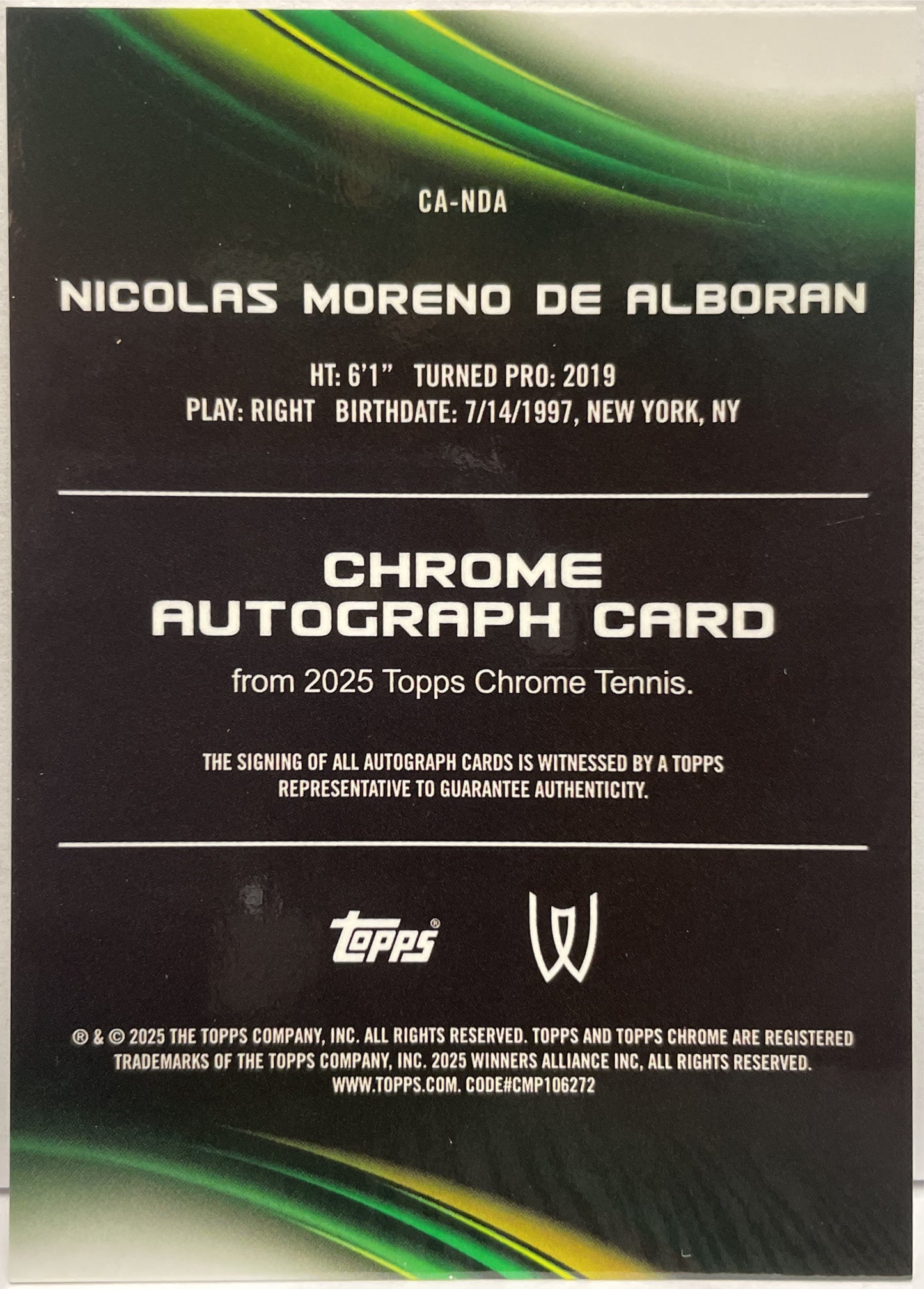 Nicolas Moreno De Alboran Autograph Topps Chrome Tennis 2025