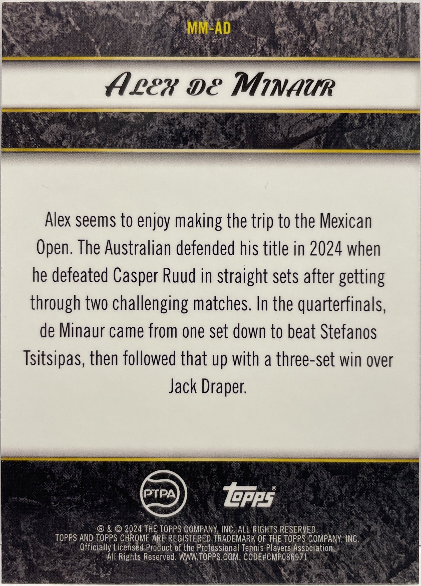 Alex De Minaur 71/199 Match Masters Aqua Topps Tennis Graphite 2024