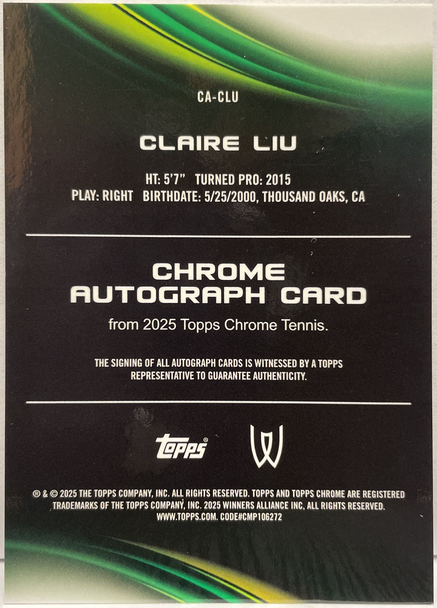 Claire Liu 74/150 Autograph Blue Topps Chrome Tennis 2025