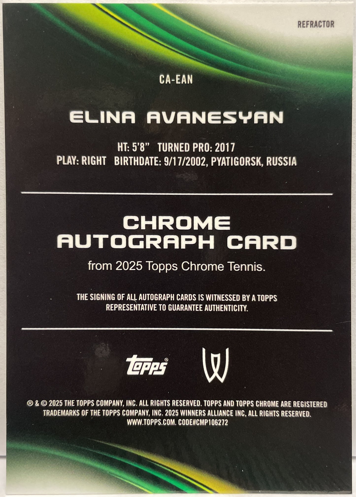 Elina Avanesyan Rookie Autograph Refractor Topps Chrome Tennis 2025