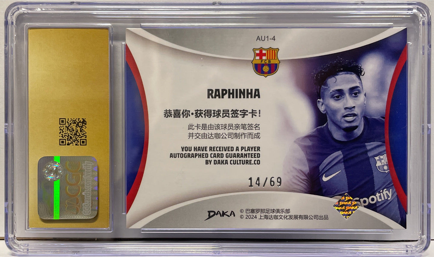 CGC Pristine 10 - Raphinha 14/69 Autograph Silver Holocene - Daka Barcelona One & Two 2023/24