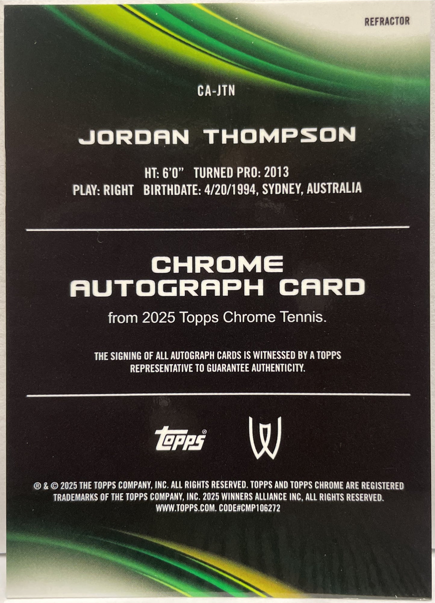Jordan Thompson Autograph Refractor Topps Chrome Tennis 2025