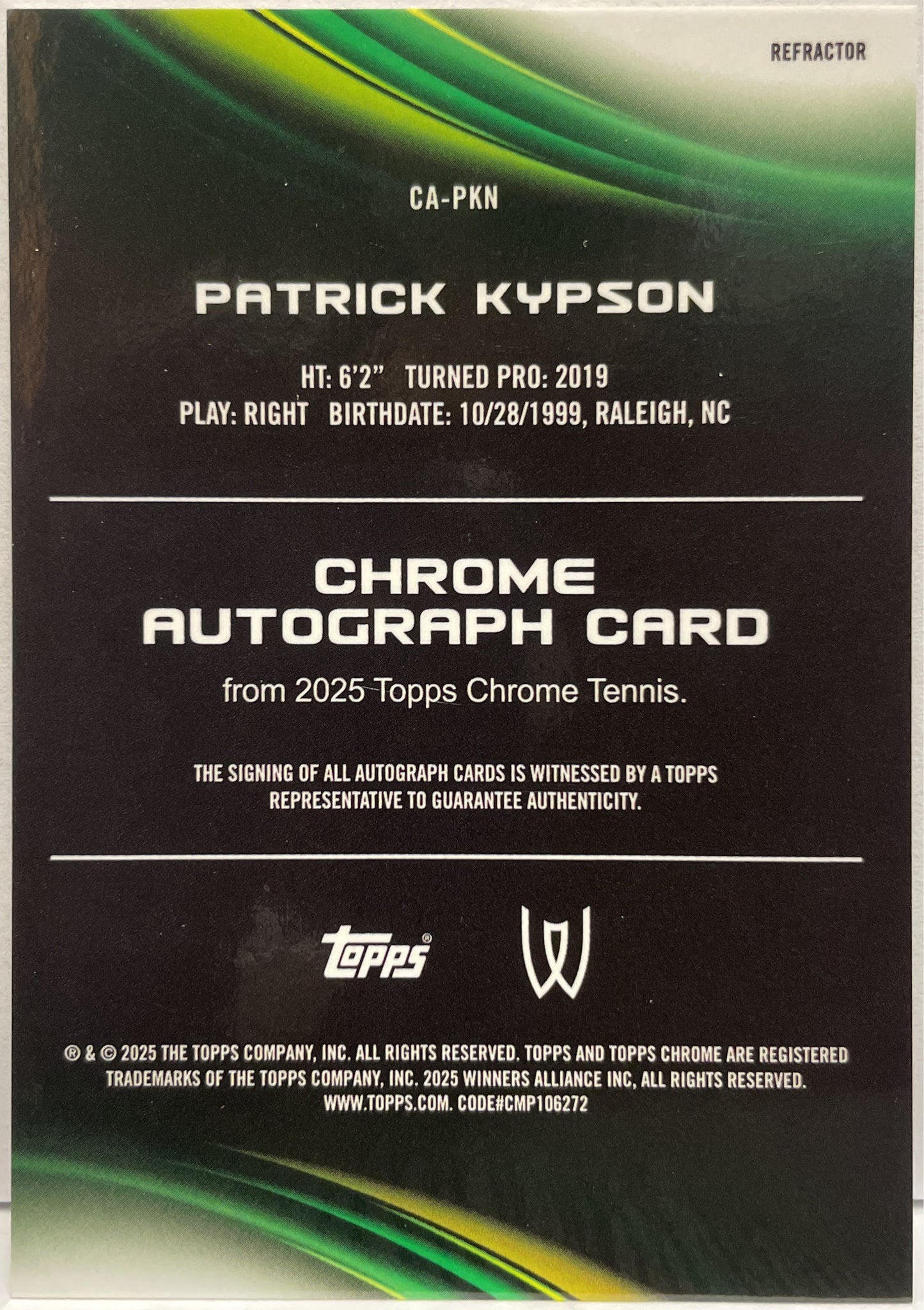 Patrick Kypson Autograph Refractor Topps Chrome Tennis 2025