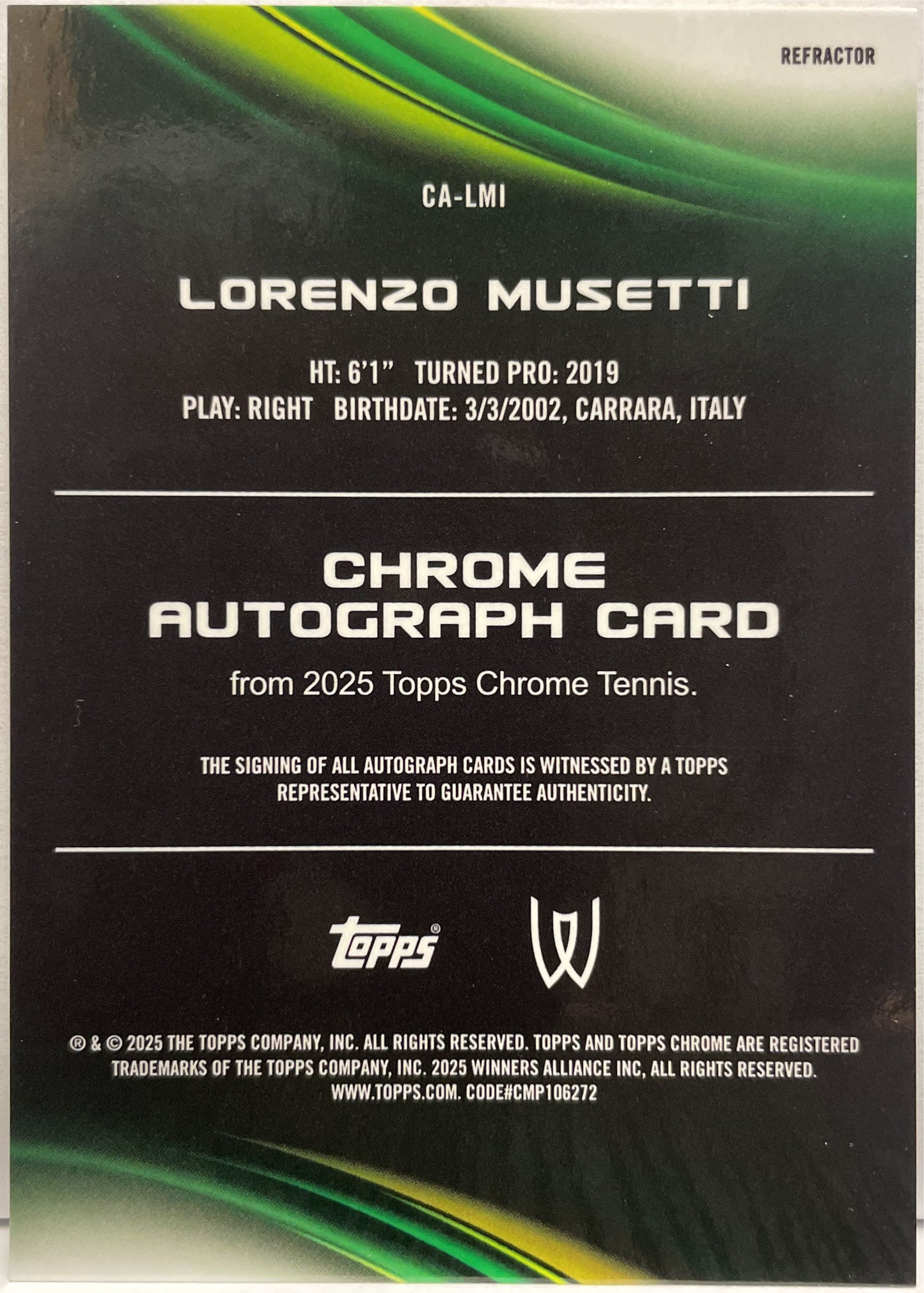 Lorenzo Musetti Autograph Refractor Topps Chrome Tennis 2025