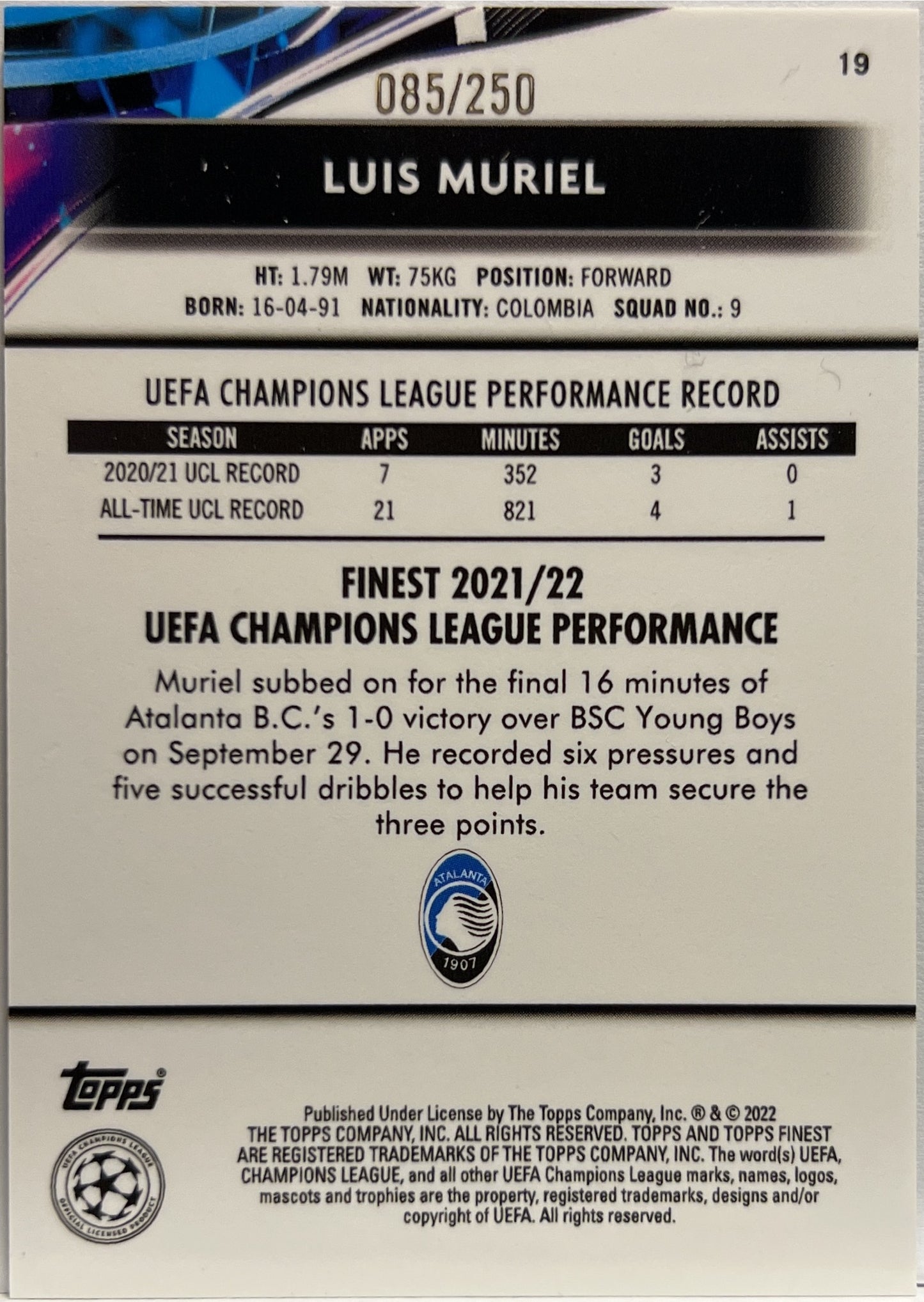 Luis Muriel 85/250 Topps Finest UCL 2021/22