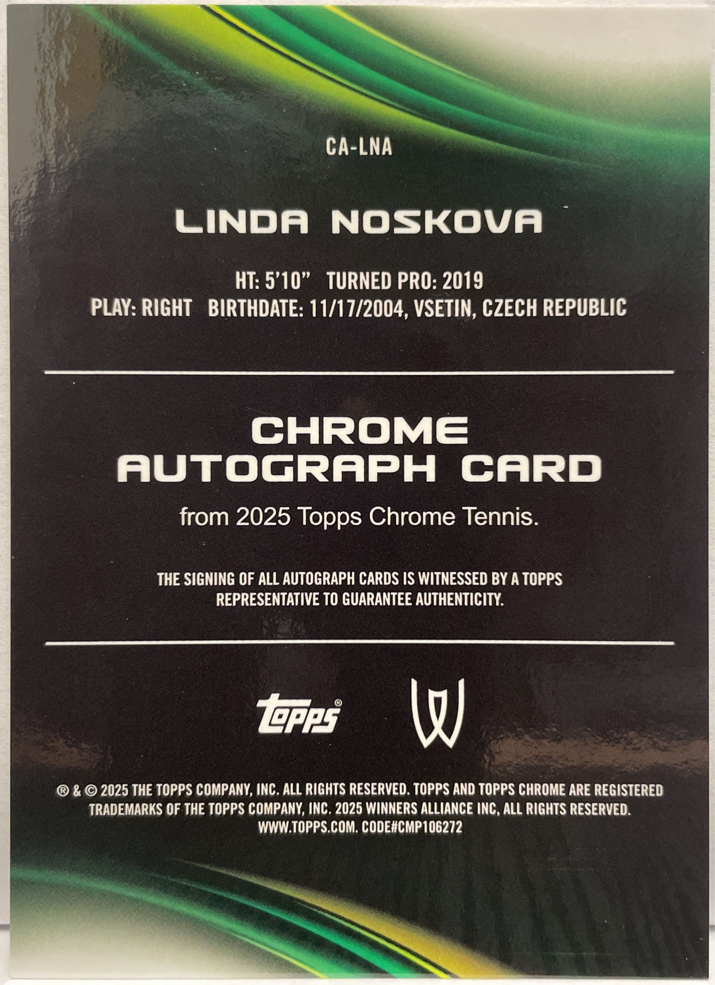 Linda Noskova Rookie Autograph Topps Chrome Tennis 2025