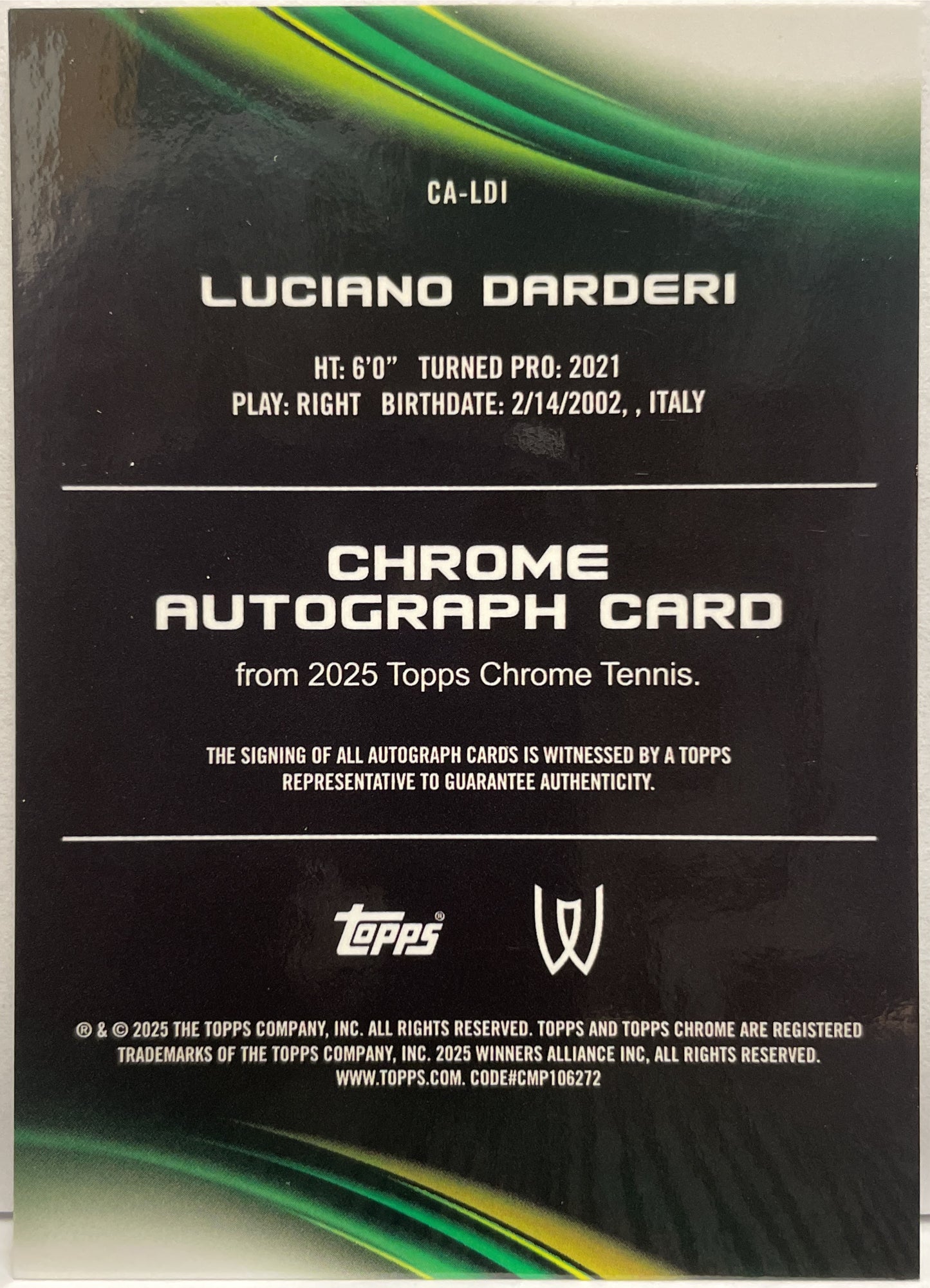 Luciano Darderi Rookie Autograph Topps Chrome Tennis 2025