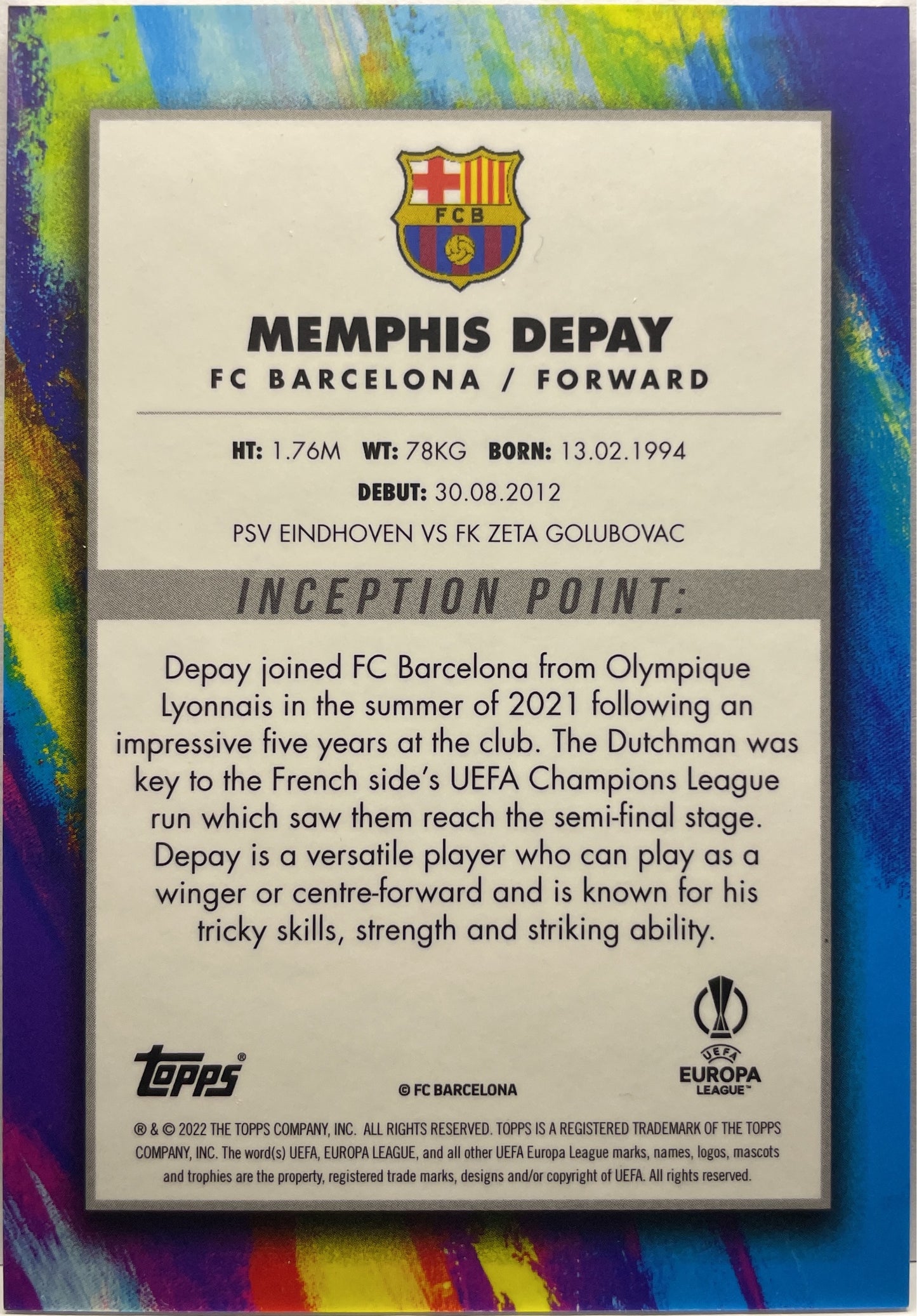 Memphis Depay 13/99 Star Quality Topps Inception 2021/22