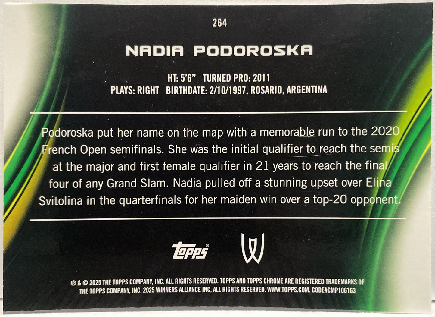 Nadia Podoroska 41/99 Green Topps Chrome Tennis 2025