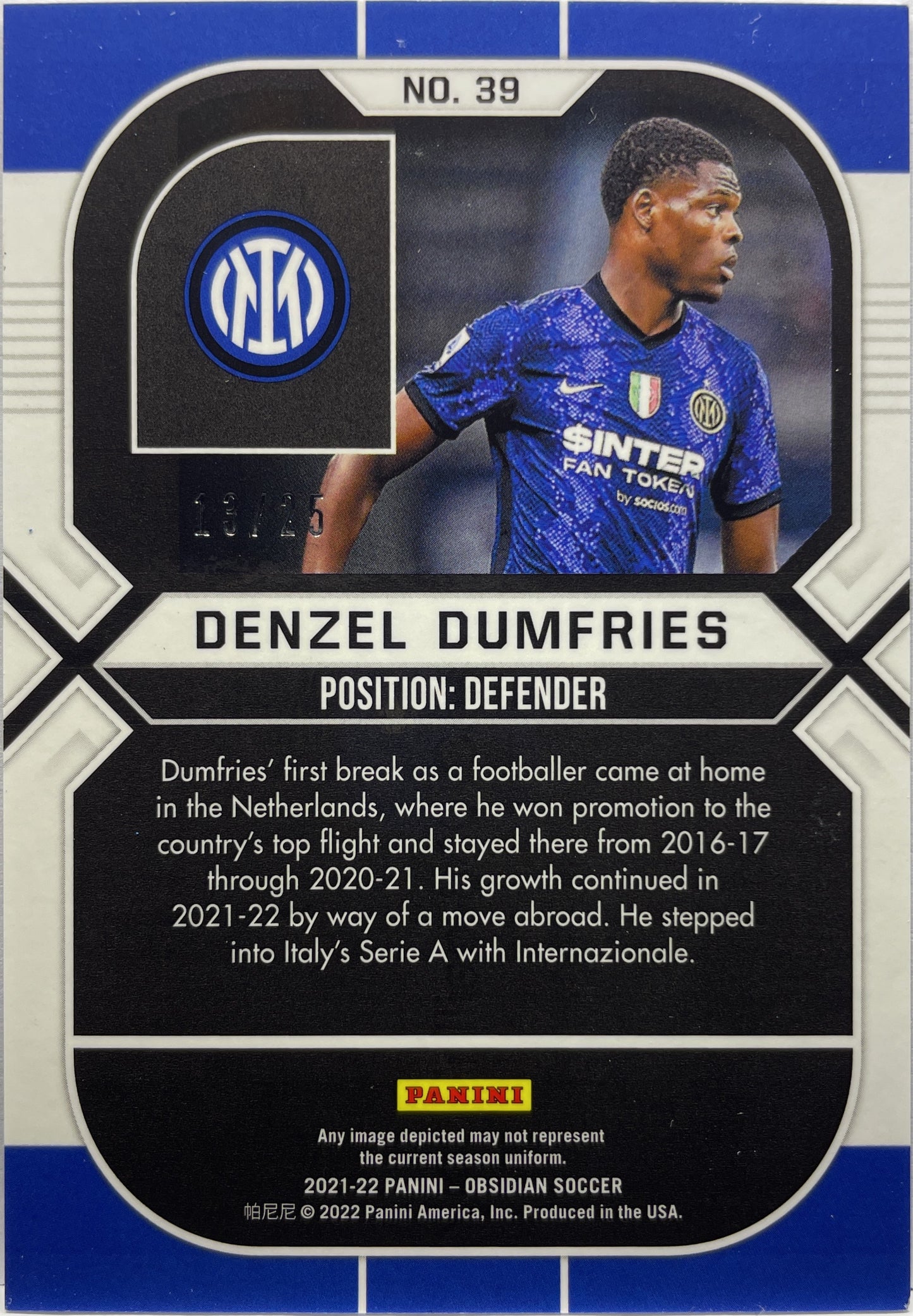 Denzel Dumfries 13/25 Rookie Orange Obsidian 2021/22