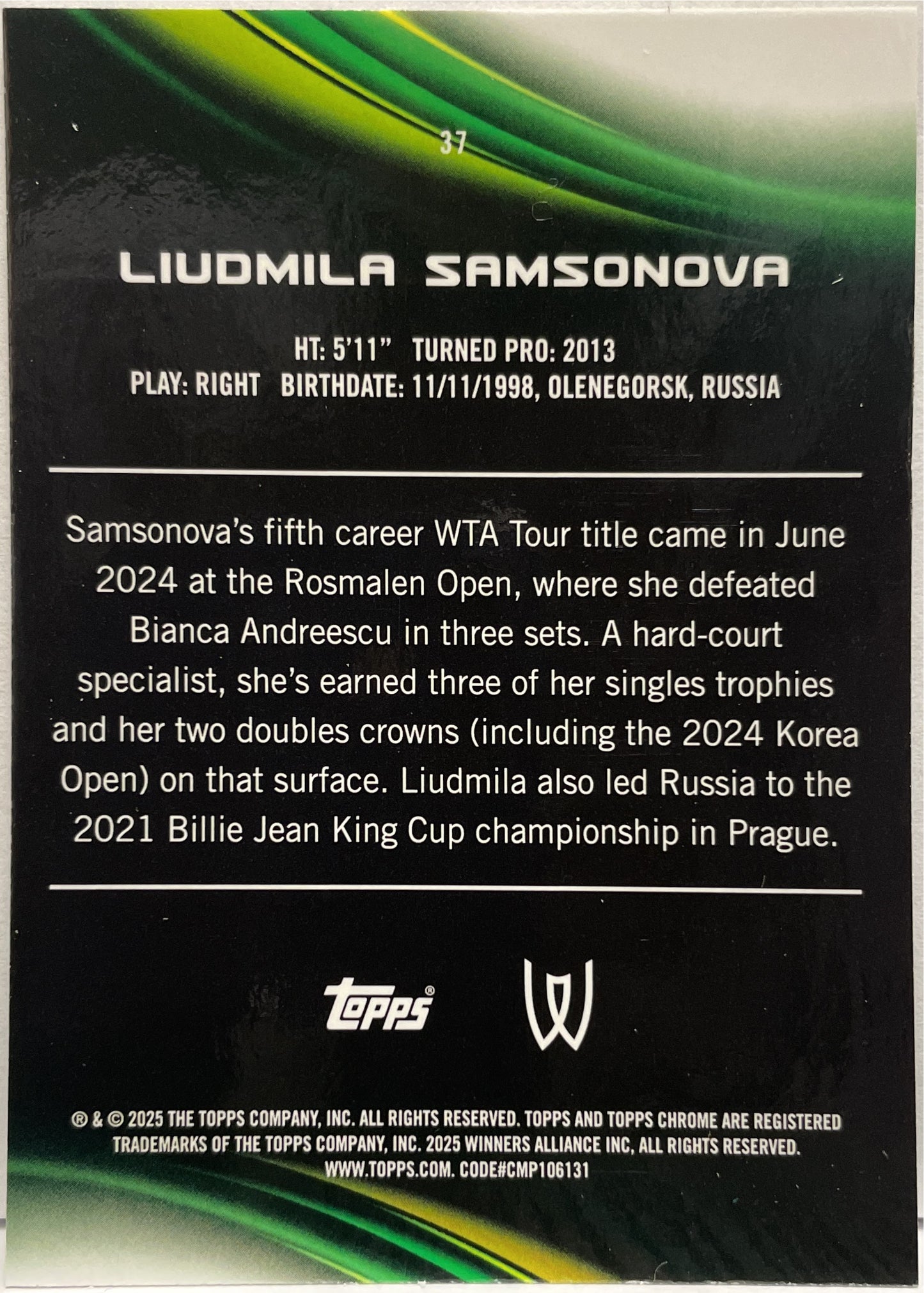 Liudmila Samsonova 85/99 Green Topps Chrome Tennis 2025