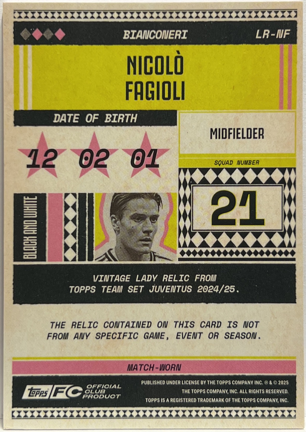 Nicolo Fagioli Patch Presents Topps Juventus Premium Team Set 2024/25