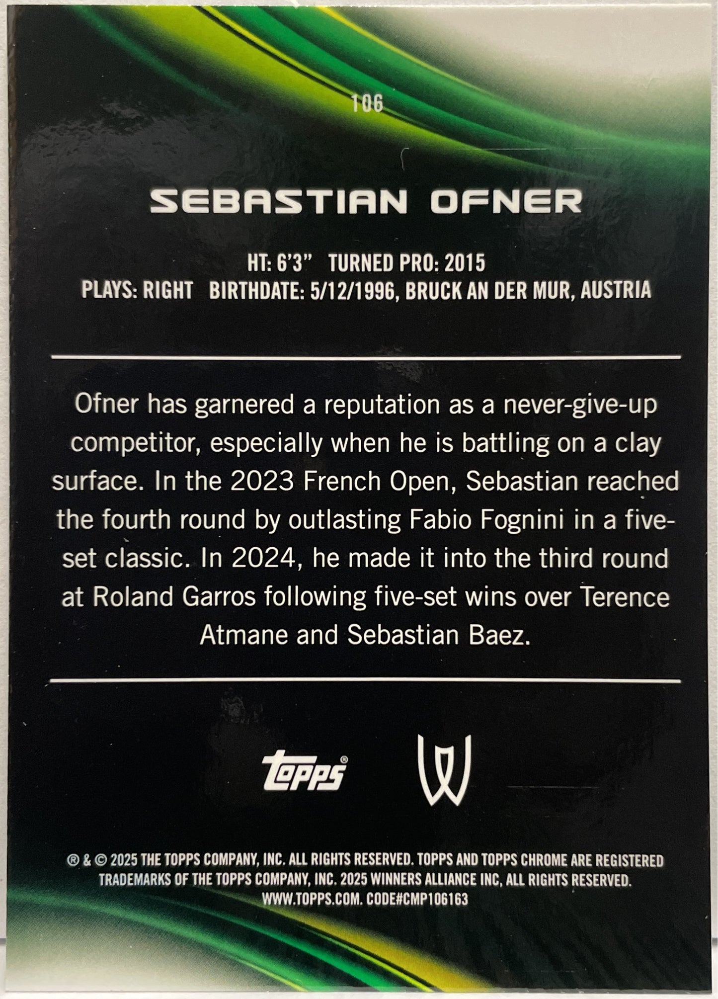 Sebastian Ofner 92/99 Green Topps Chrome Tennis 2025