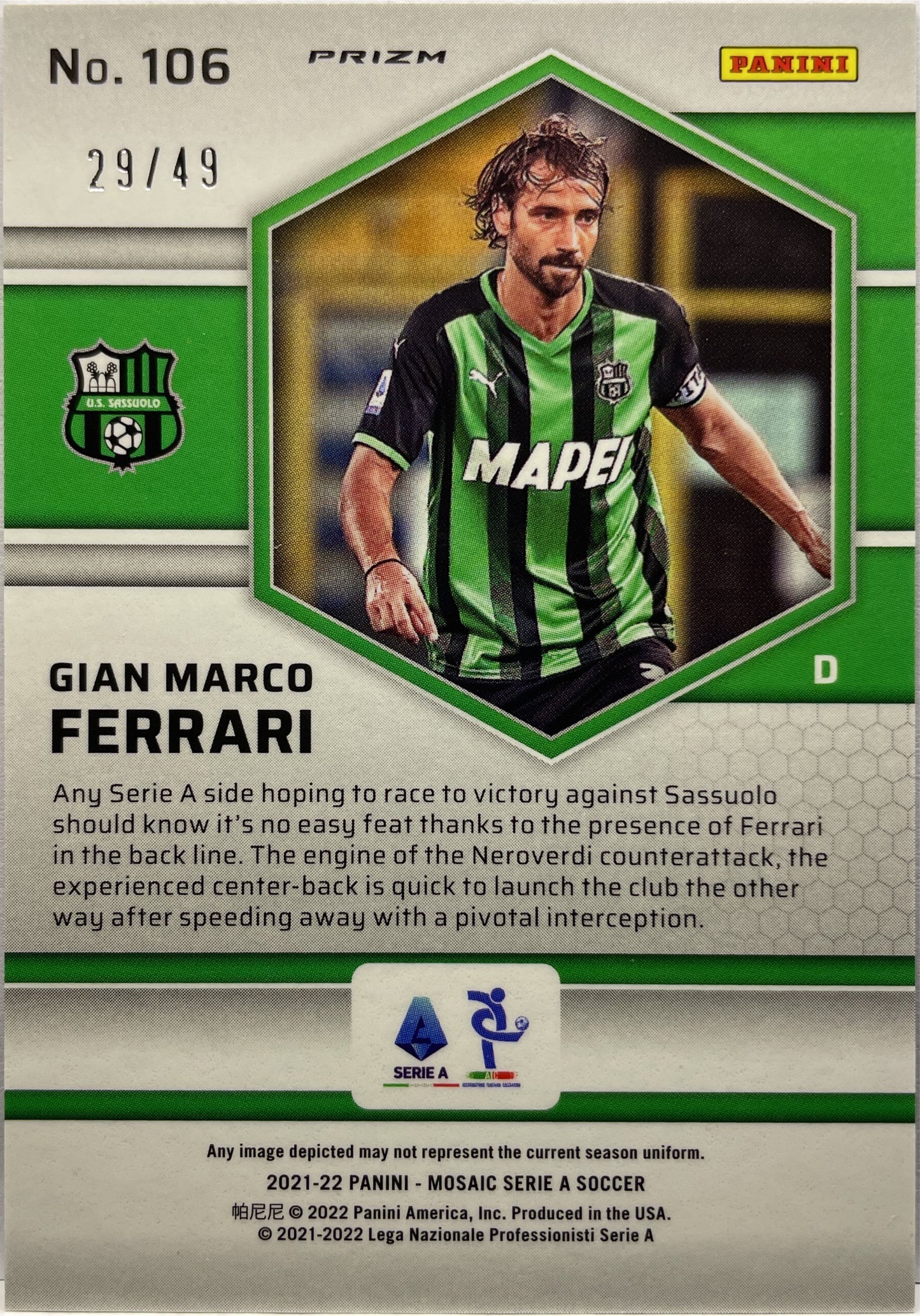 Gian Marco Ferrari 29/49 Rookie Purple Mosaic Serie A 2021/22