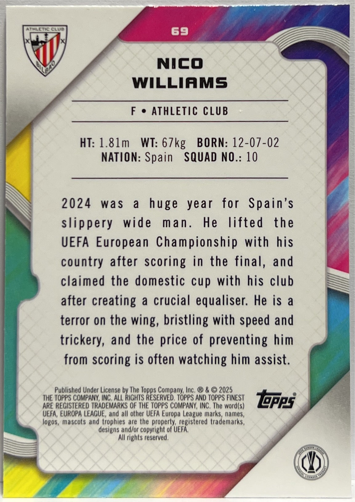 Nico Williams 30/275 Sky Blue Topps Finest UCC 2024/25