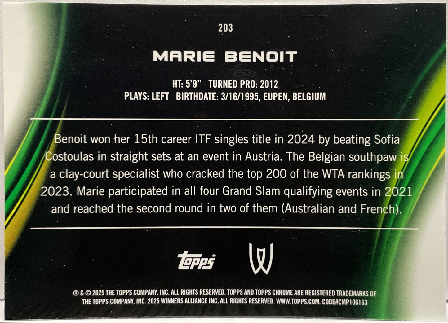 Marie Benoit 27/99 1ST Green Topps Chrome Tennis 2025