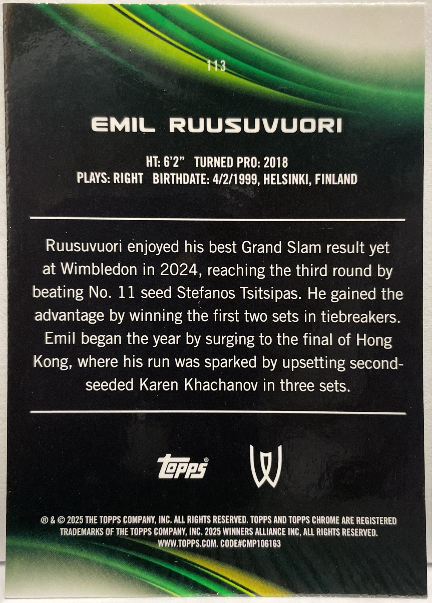 Emil Ruusuvuori 7/99 1ST Green Topps Chrome Tennis 2025