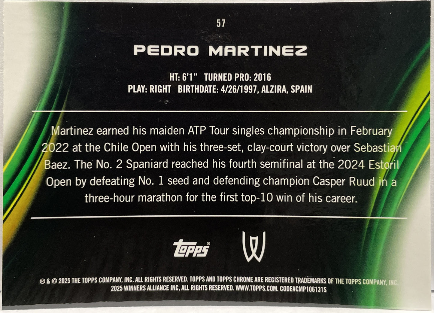 Pedro Martinez 68/125 1ST Purple Green Topps Chrome Tennis 2025
