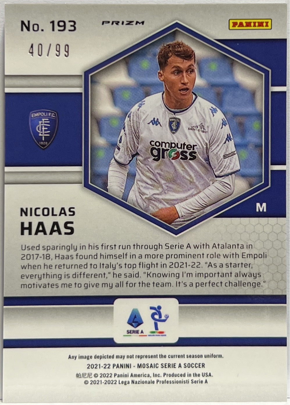 Nicolas Haas 40/99 Rookie Blue Mosaic Serie A 2021/22