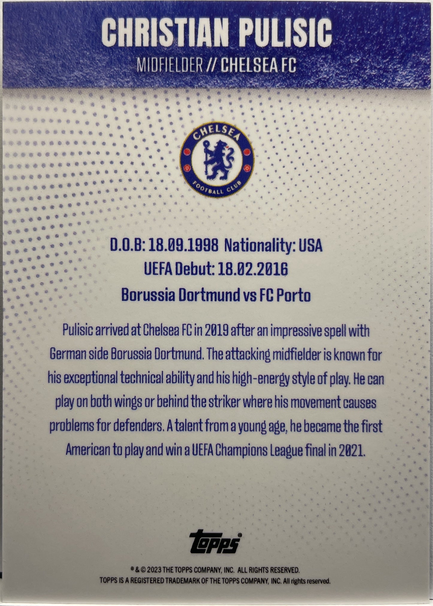 Christian Pulisic 8/49 Green Topps Chelsea Team Set 2022/23