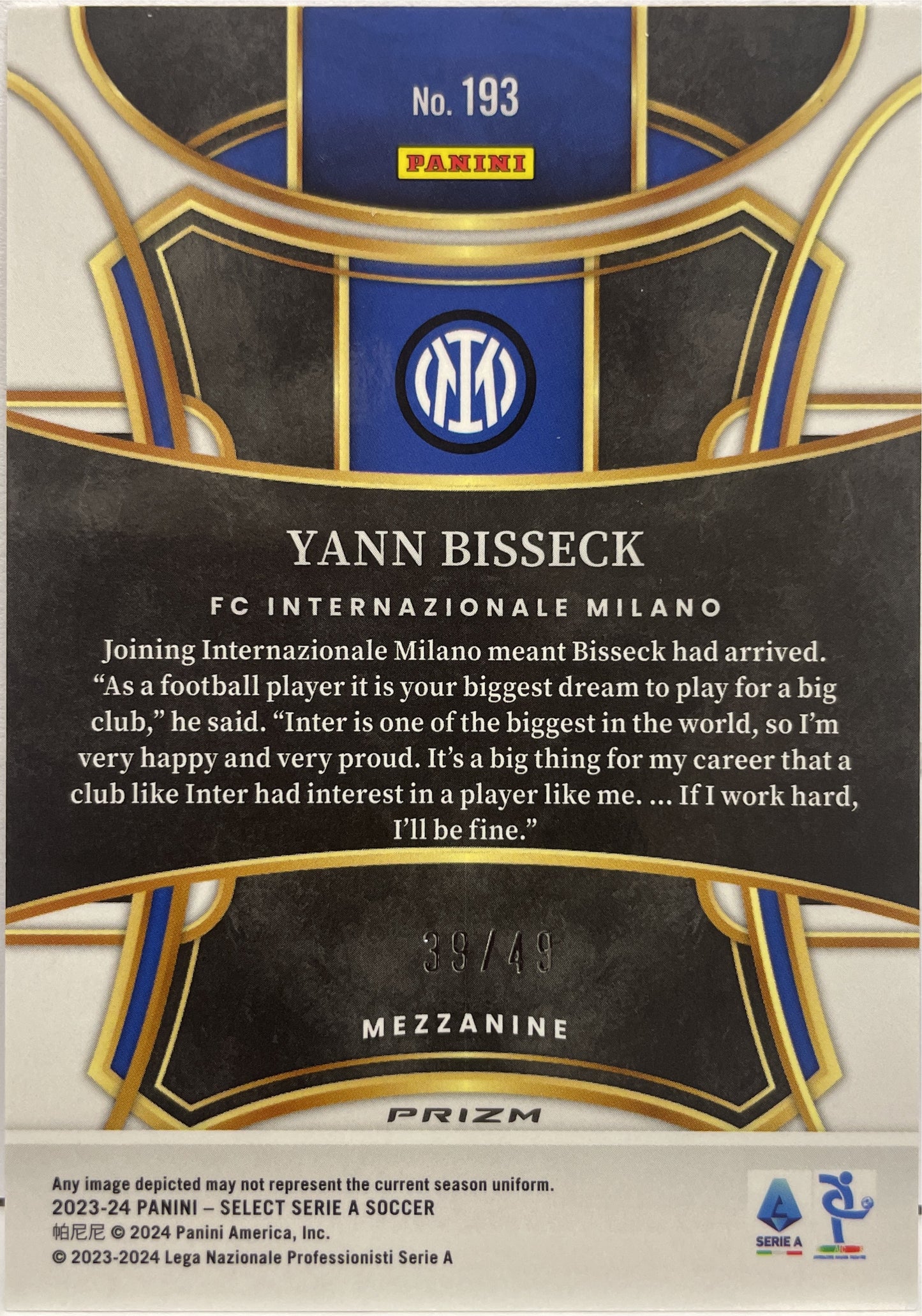 Yann Bisseck 39/49 Rookie Mezzanine Purple Select Serie A 2023/24