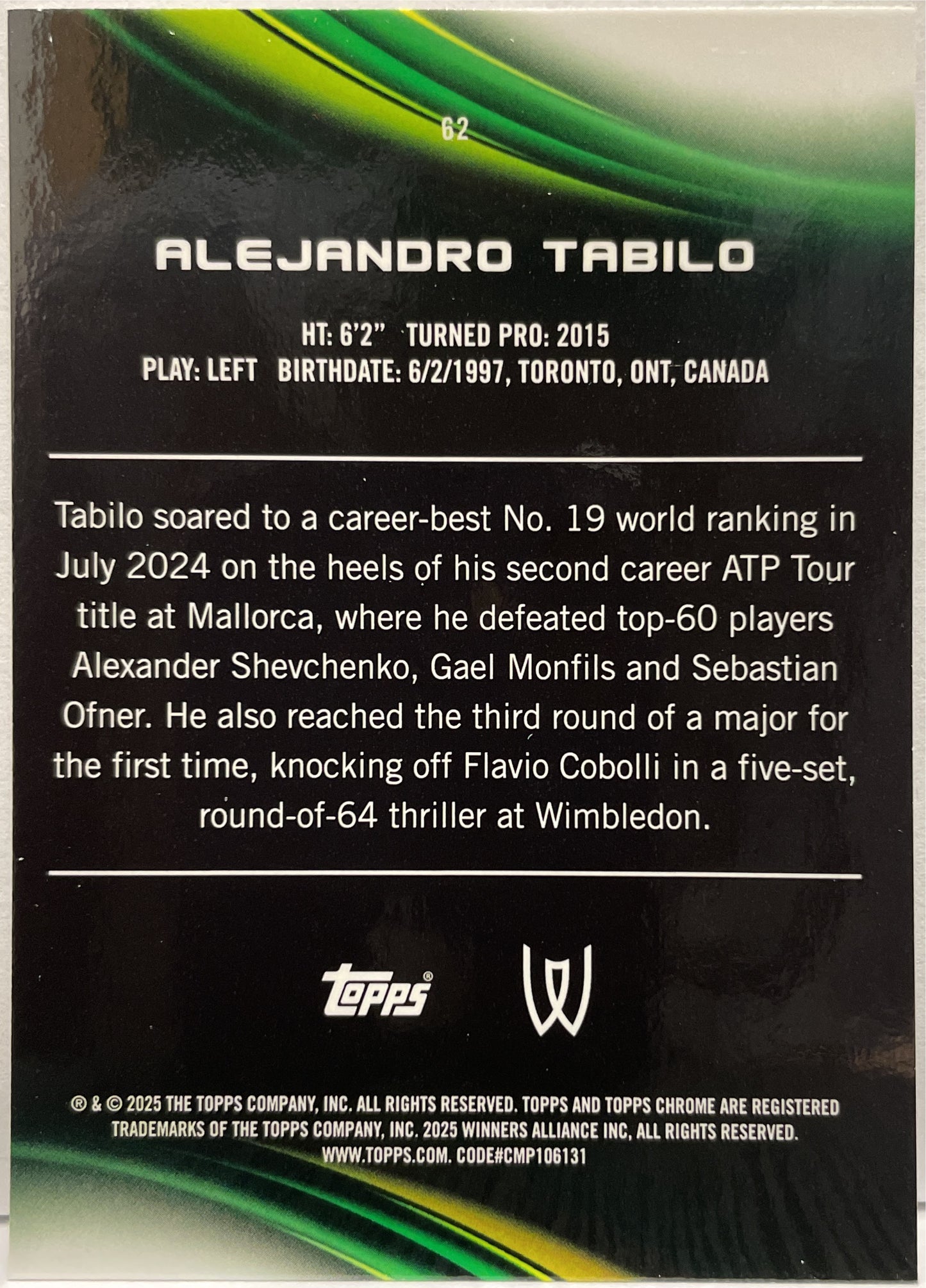 Alejandro Tabilo 87/125 1ST Purple Green Topps Chrome Tennis 2025