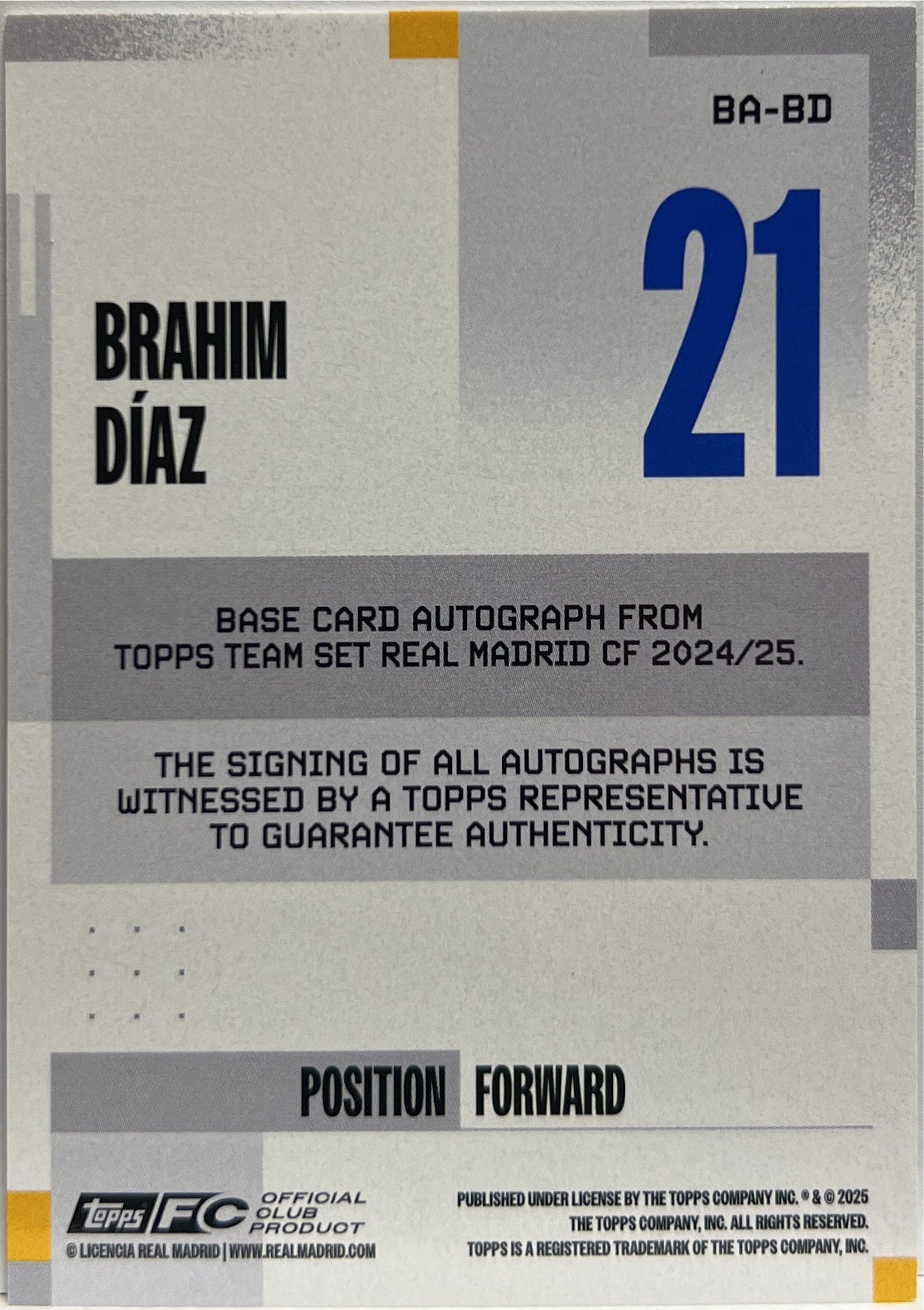Brahim Diaz 18/250 Autograph Topps Real Madrid Team Set 2024/25