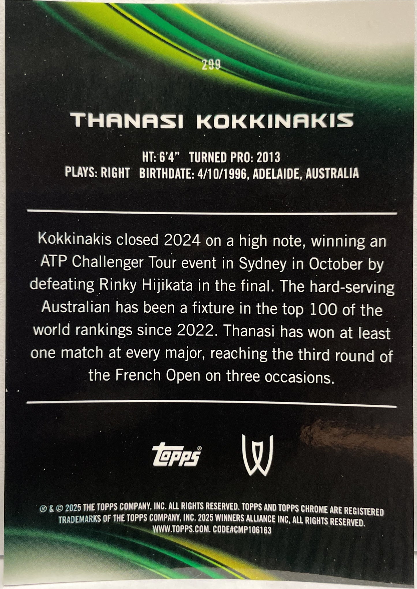 Thanasi Kokkinakis 67/125 1ST Purple Green Topps Chrome Tennis 2025