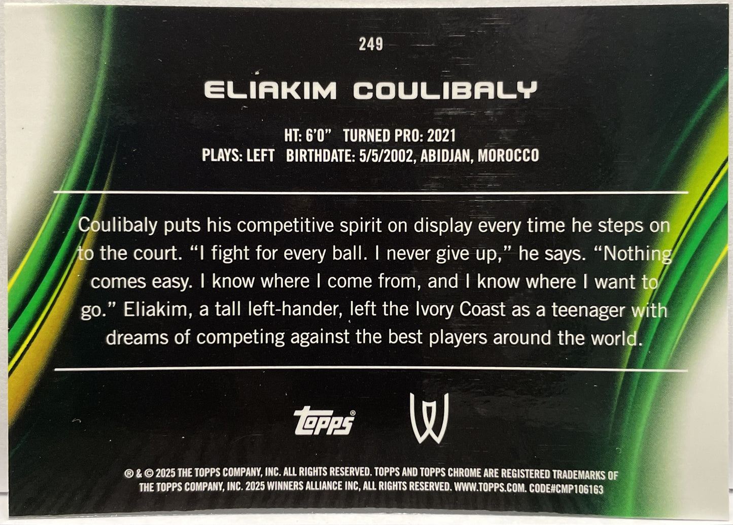 Eliakim Coulibaly 71/125 Rookie Purple Green Topps Chrome Tennis 2025