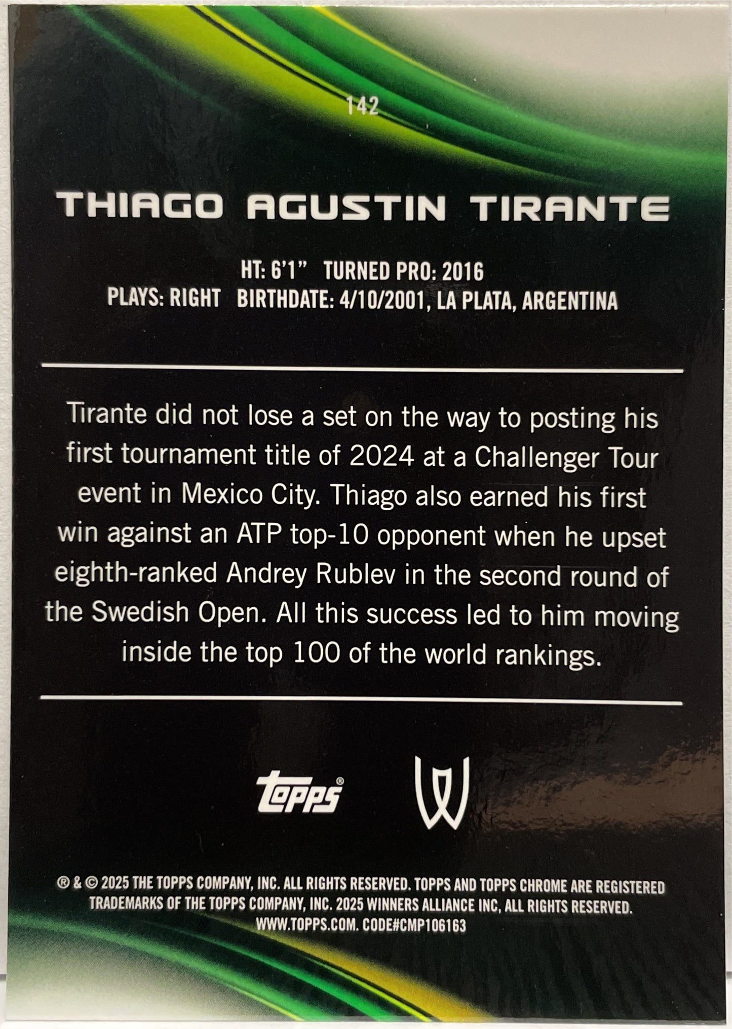 Thiago Agustin Tirante 122/125 Rookie Purple Green Topps Chrome Tennis 2025