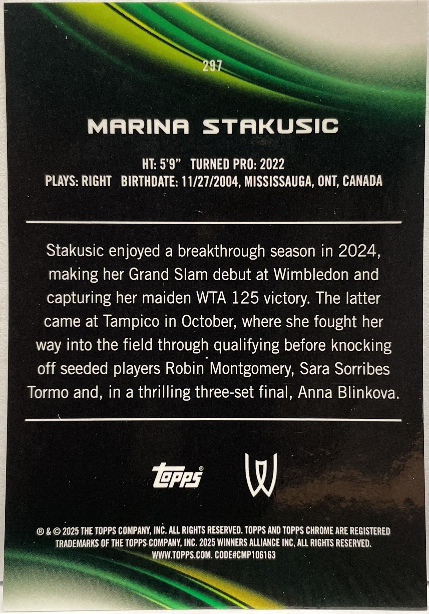 Marina Stakusic 41/125 Rookie Purple Green Topps Chrome Tennis 2025