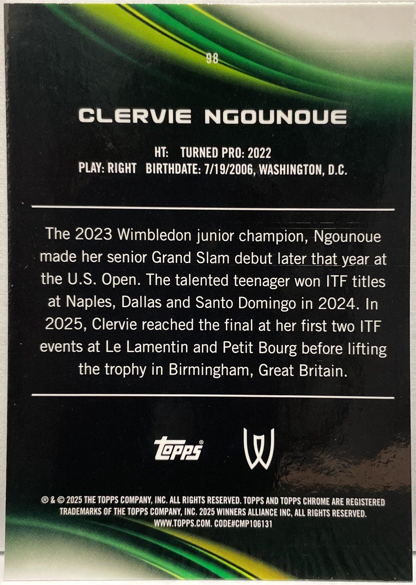 Clervie Ngounoue 88/125 Rookie Purple Green Topps Chrome Tennis 2025