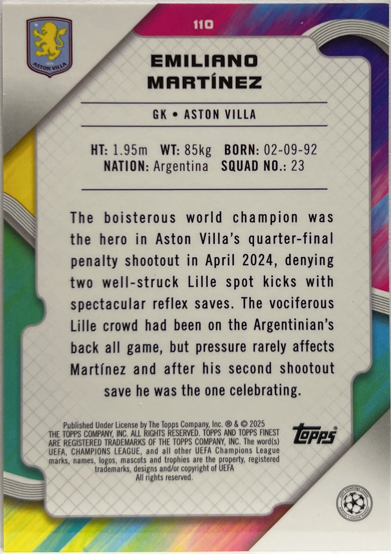 Emiliano Martinez 44/50 Rose Gold Mini Diamond Topps Finest UCC 2024/25