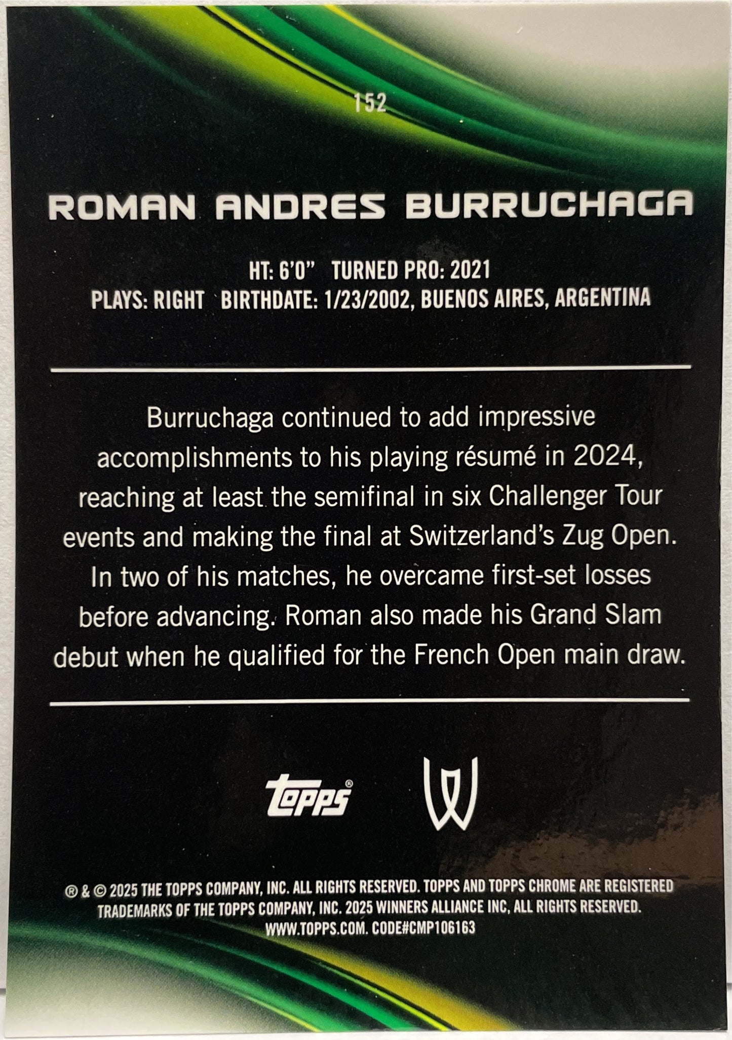 Roman Andres Burruchaga 51/125 Rookie Purple Green Topps Chrome Tennis 2025