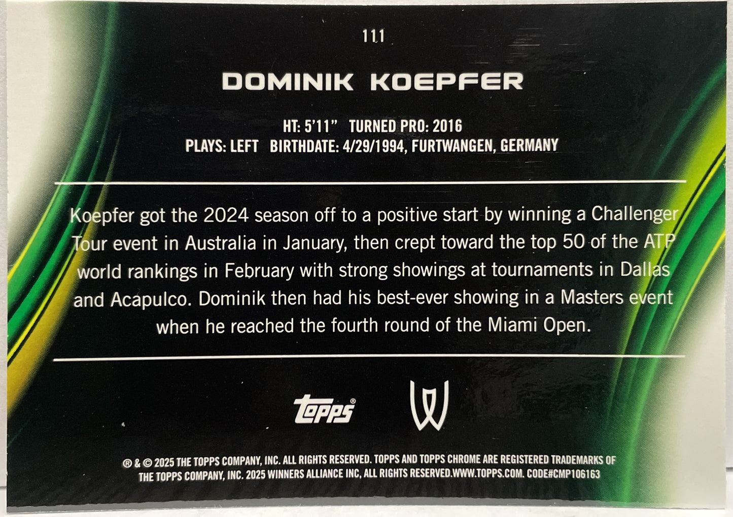 Dominik Koepfer 6/125 Purple Green Topps Chrome Tennis 2025
