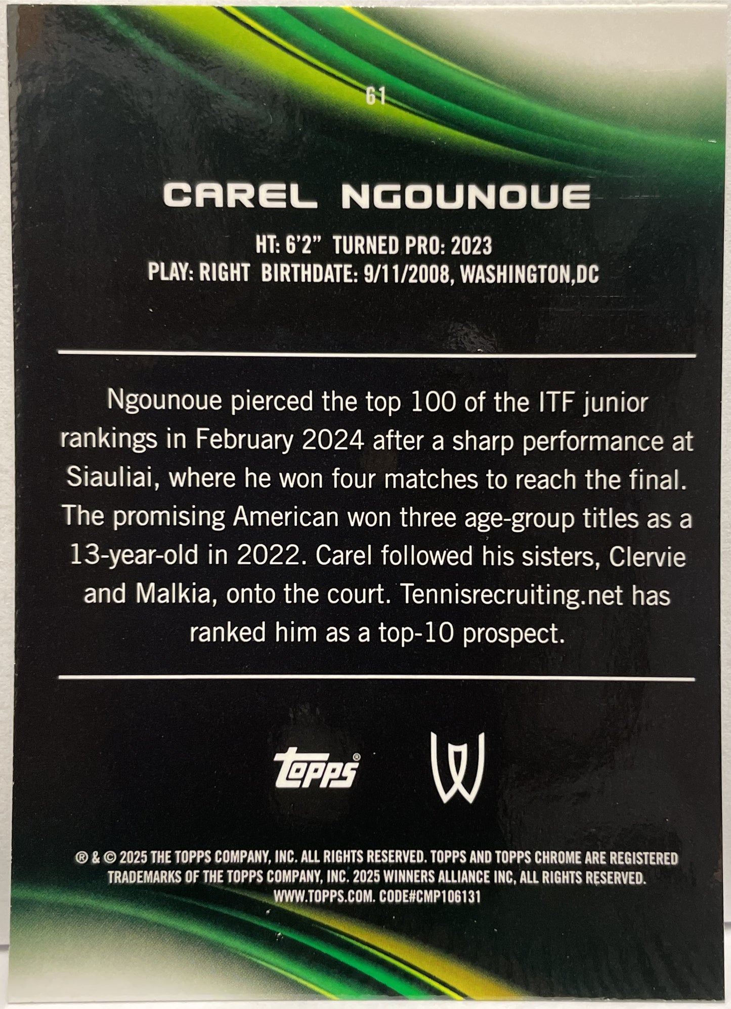Carel Ngounoue 4/125 Rookie Purple Green Topps Chrome Tennis 2025